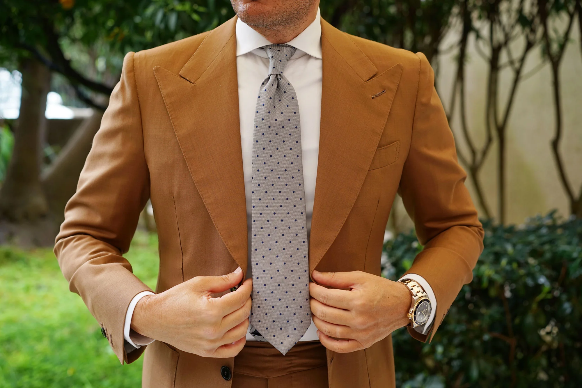 Grey with Oxford Navy Blue Polka Dots Necktie - Image 5