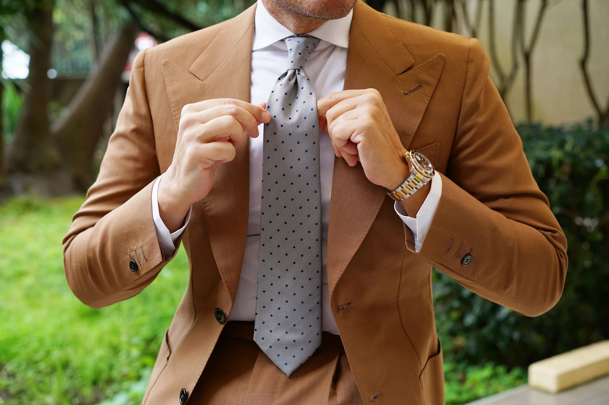 Grey with Oxford Navy Blue Polka Dots Necktie - Image 8