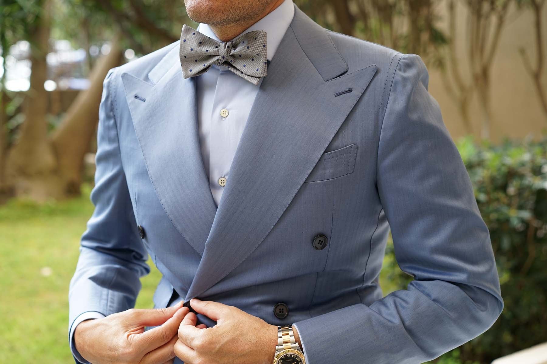 Grey with Oxford Navy Blue Polka Dots Self Tie Bow Tie - Image 10