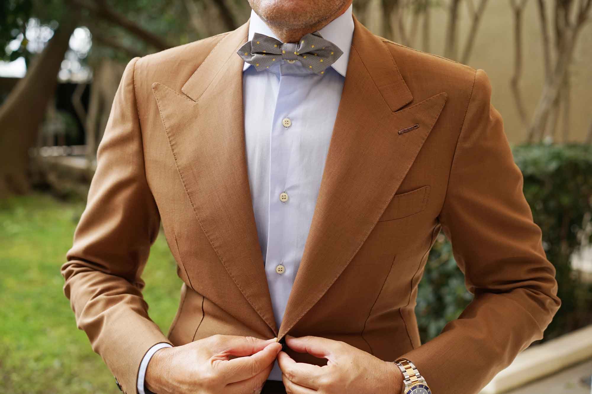 Grey with Yellow Polka Dots Diamond Bow Tie - Image 3