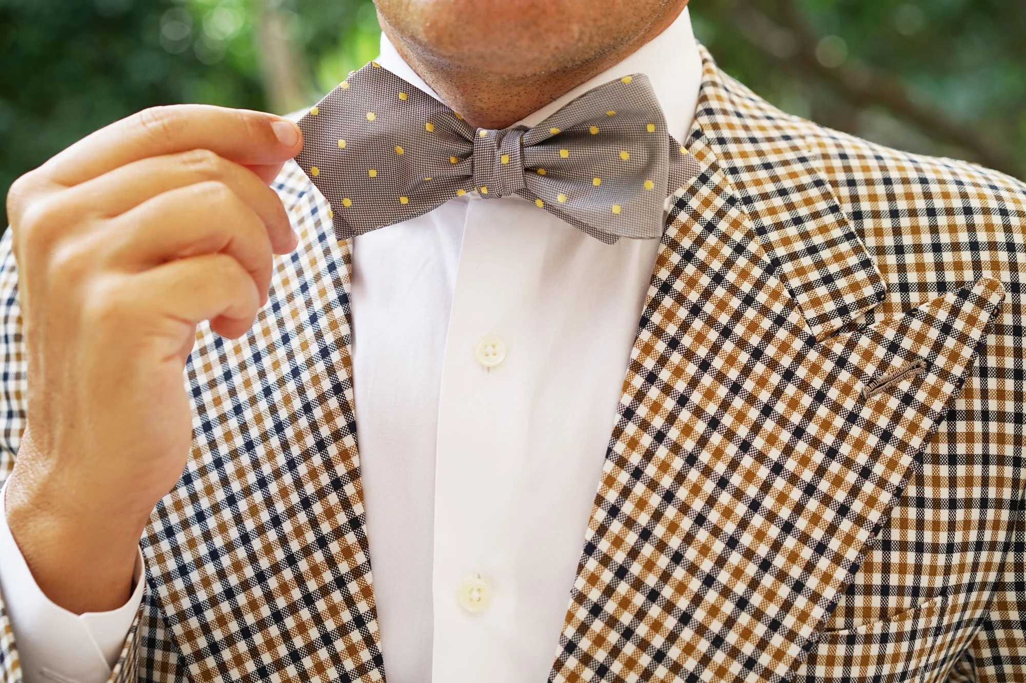 Grey with Yellow Polka Dots Self Tie Diamond Tip Bow Tie - Image 12