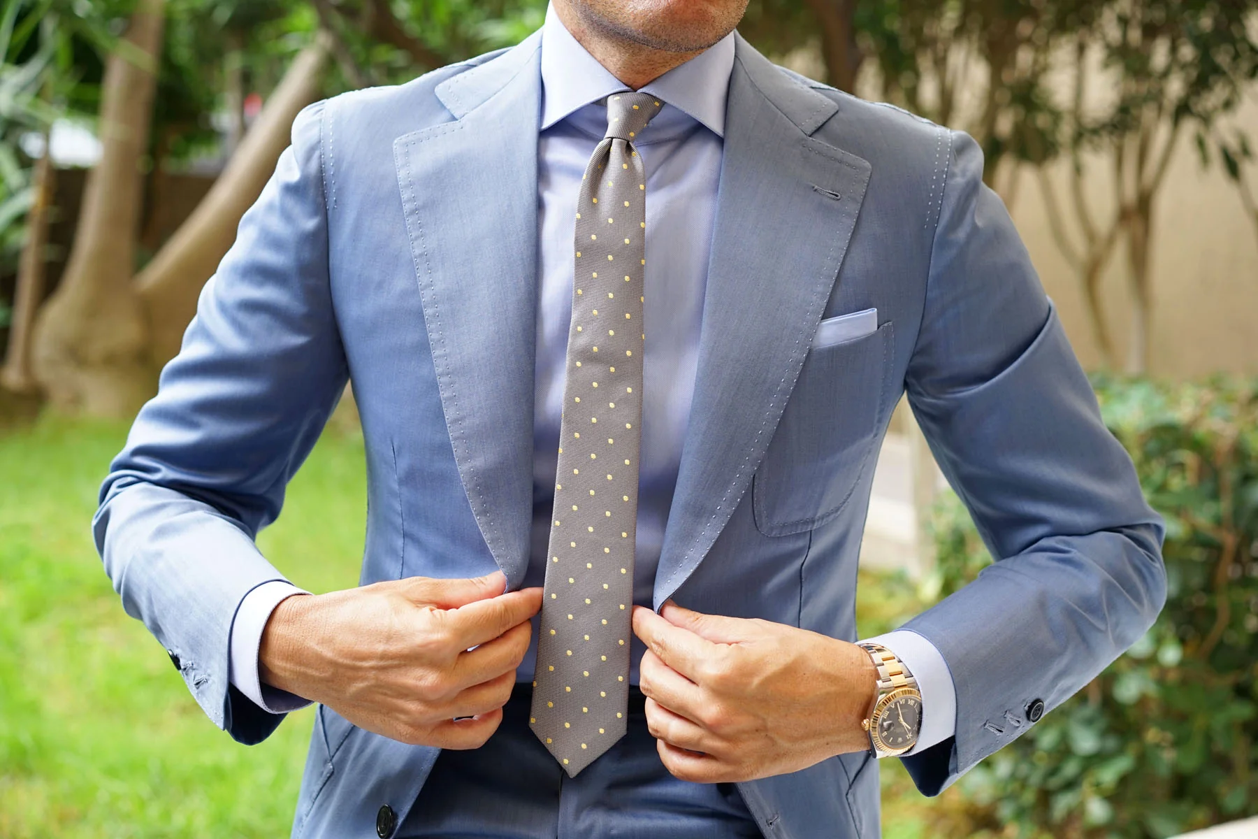 Grey with Yellow Polka Dots Skinny Tie - Image 5