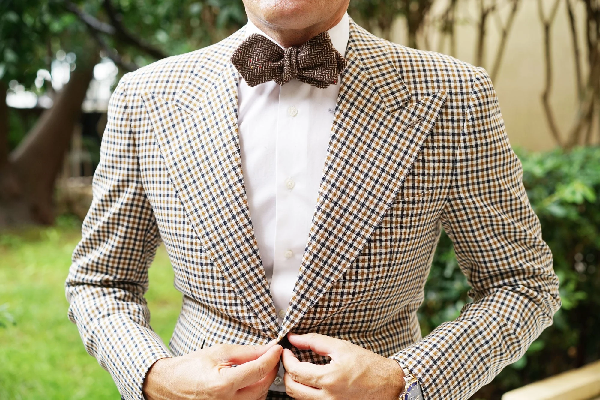 Herringbone Chestnut Wool Diamond Self Bow Tie - Image 4