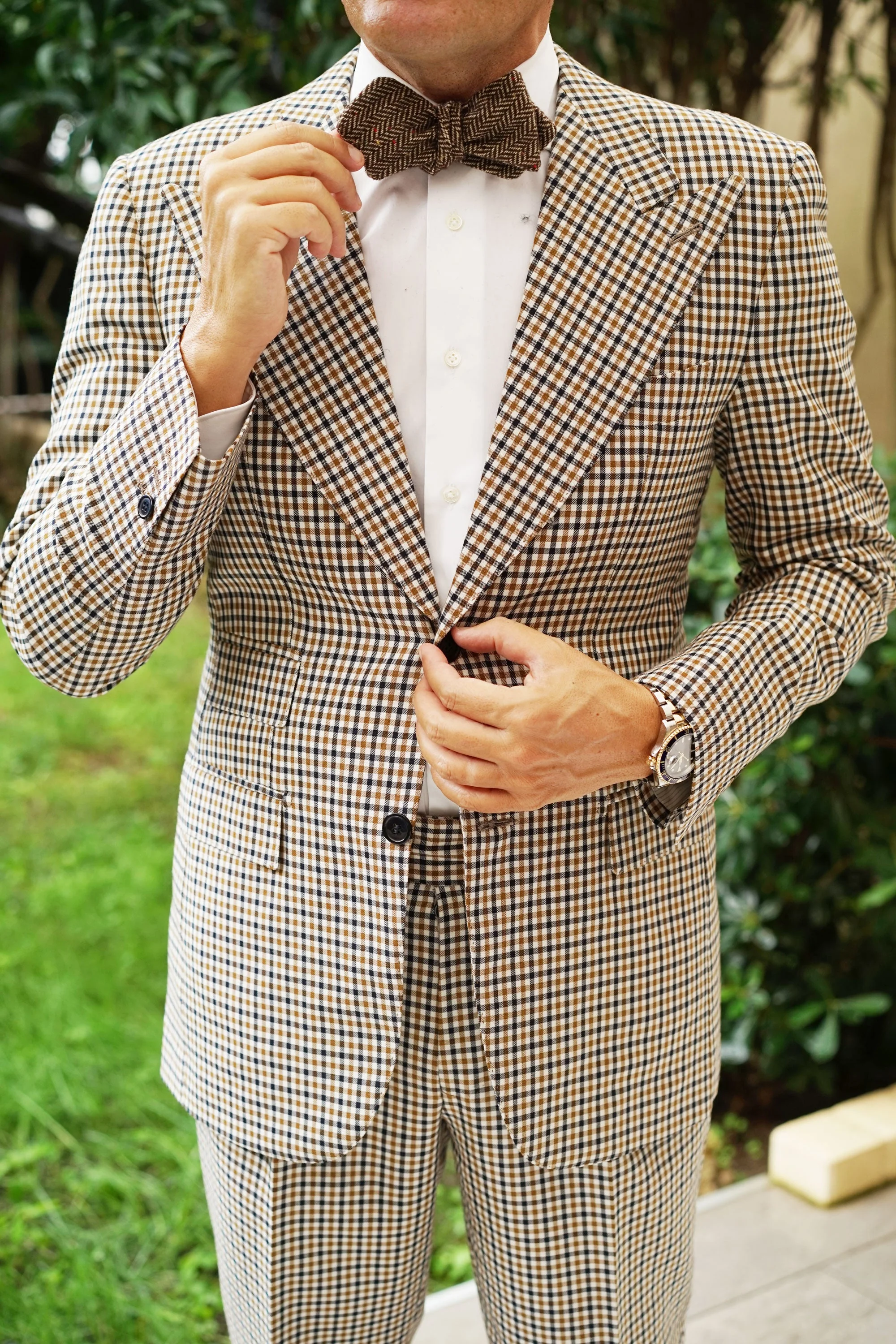 Herringbone Chestnut Wool Diamond Self Bow Tie - Image 5