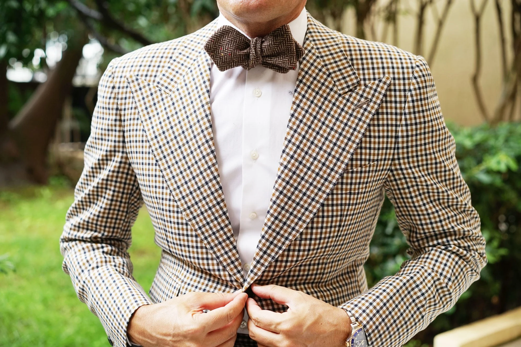 Herringbone Chestnut Wool Diamond Self Bow Tie - Image 7