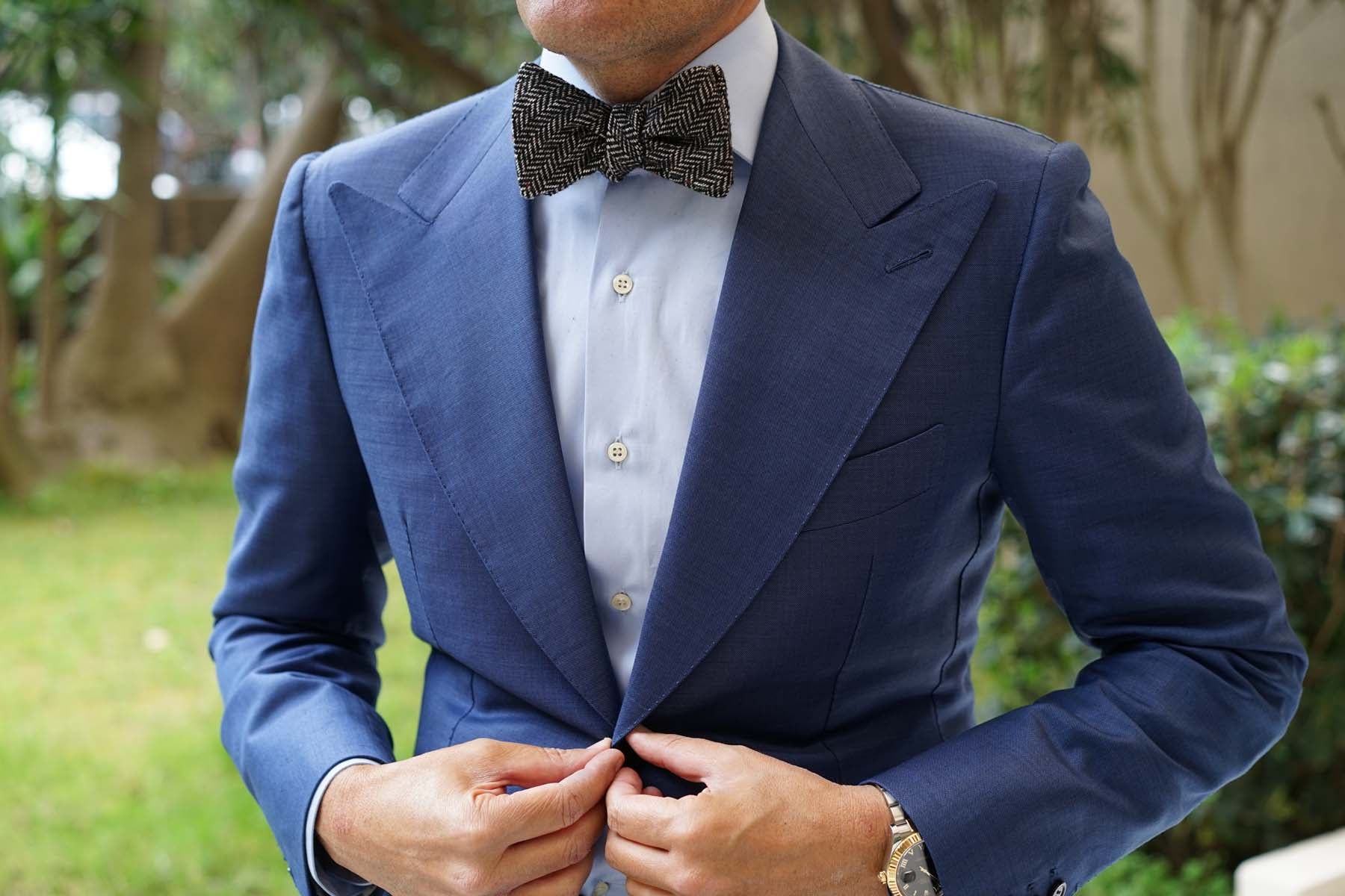 Herringbone Raven Black Wool Self Bow Tie - Image 8