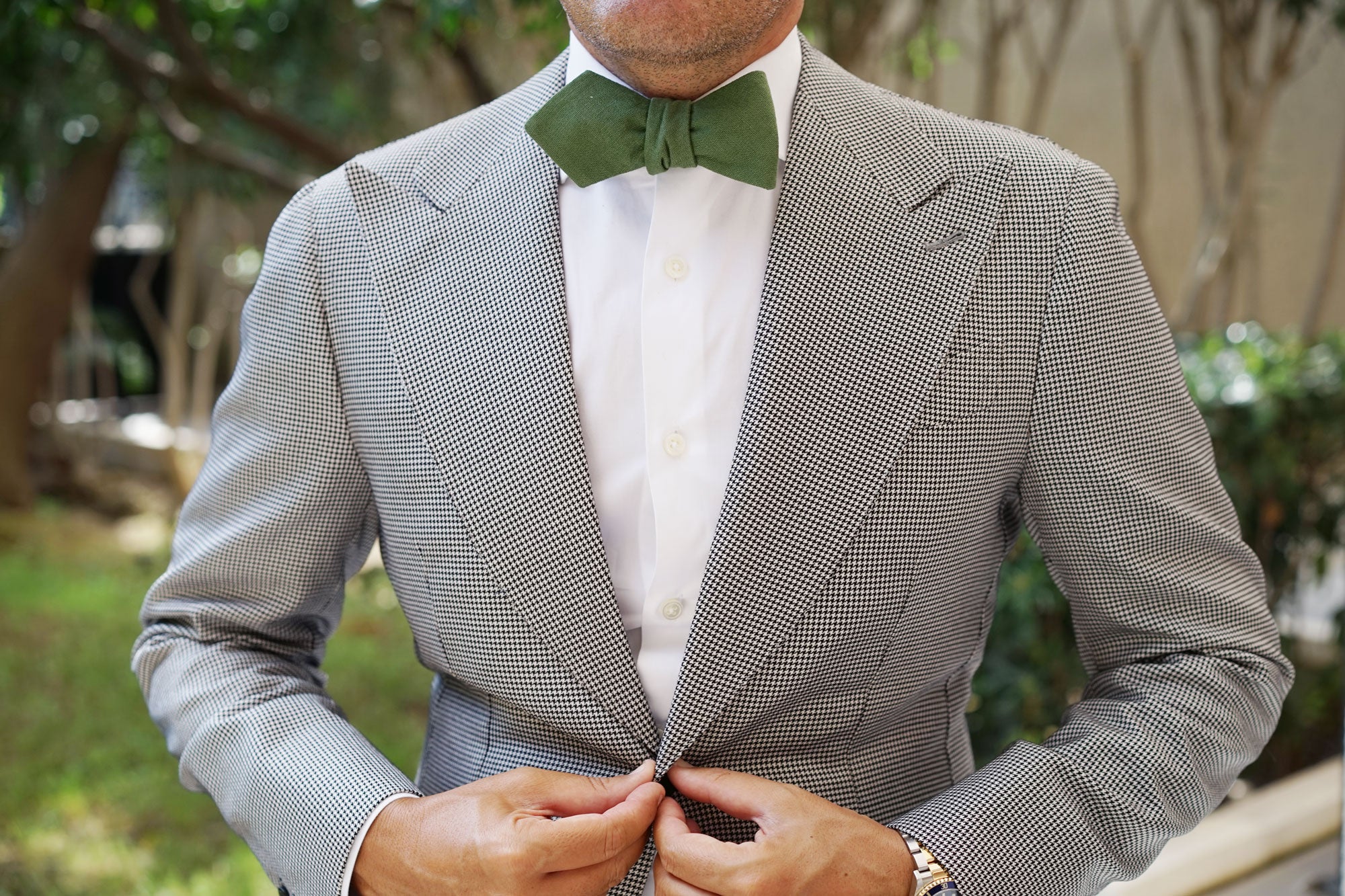 Hunter Green Slub Linen Diamond Self Bow Tie - Image 4