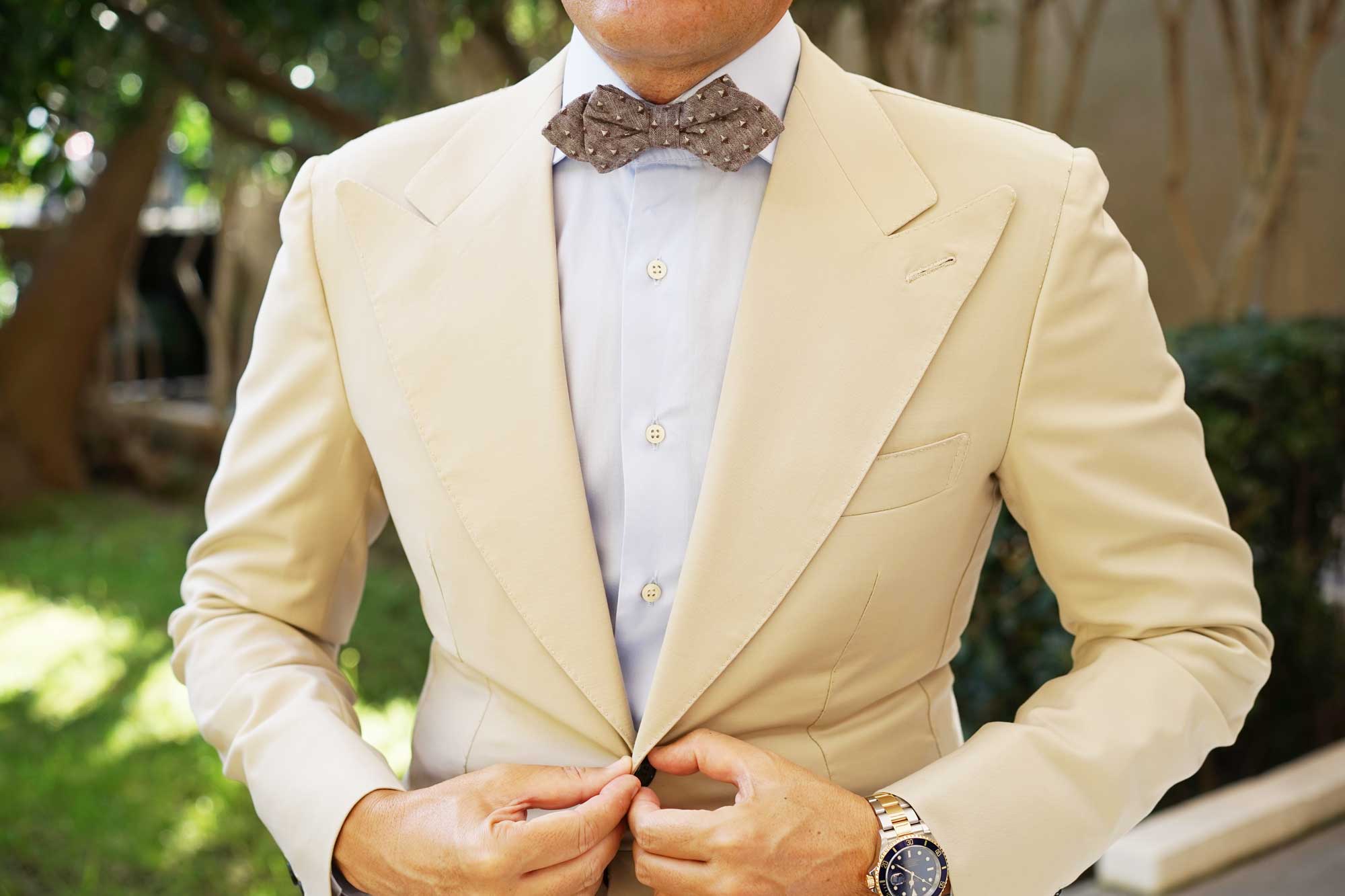 Inception Brown Linen Diamond Bow Tie - Image 3