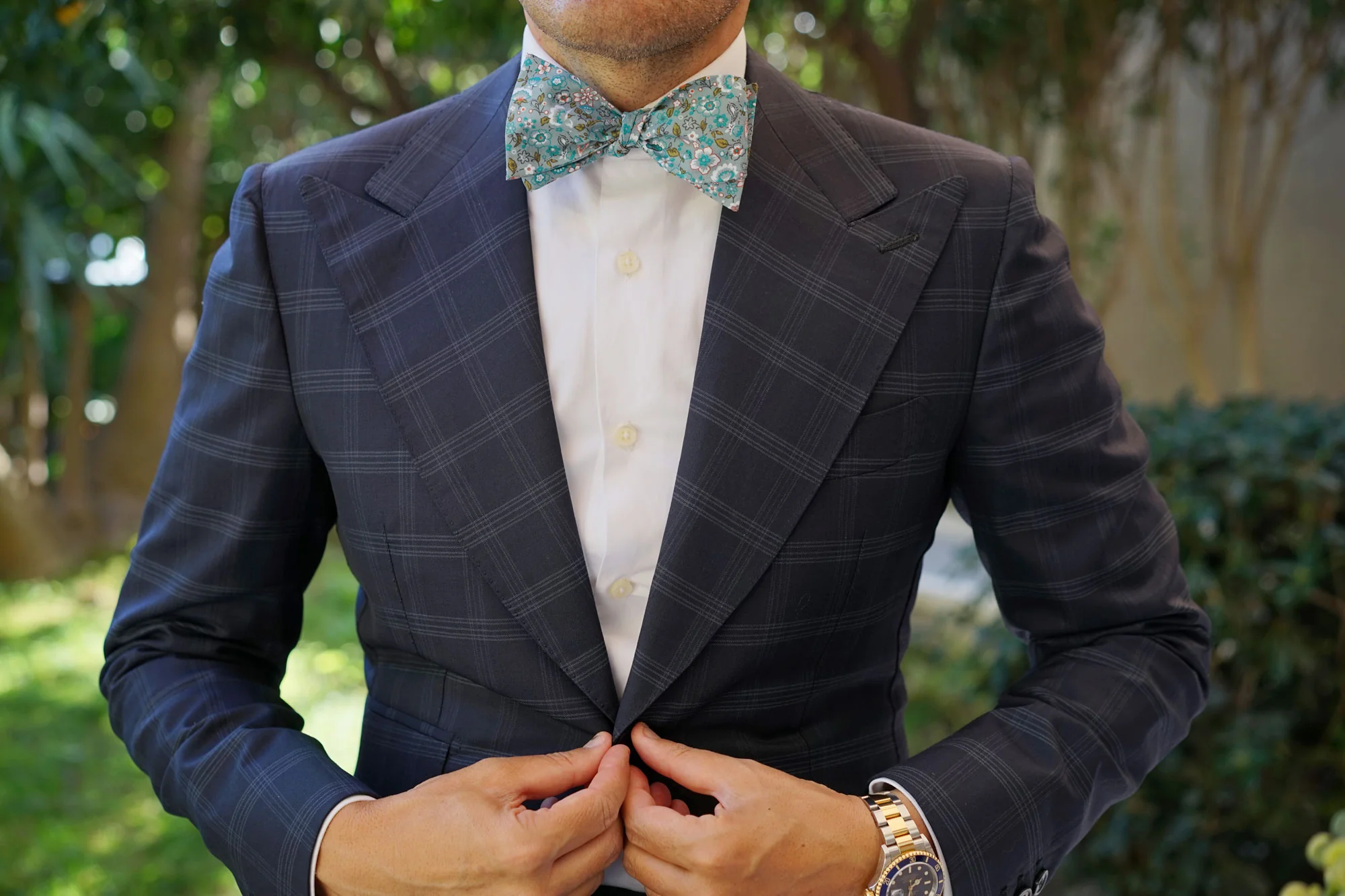 Japanese Sage Green Floral Self Bow Tie - Image 11