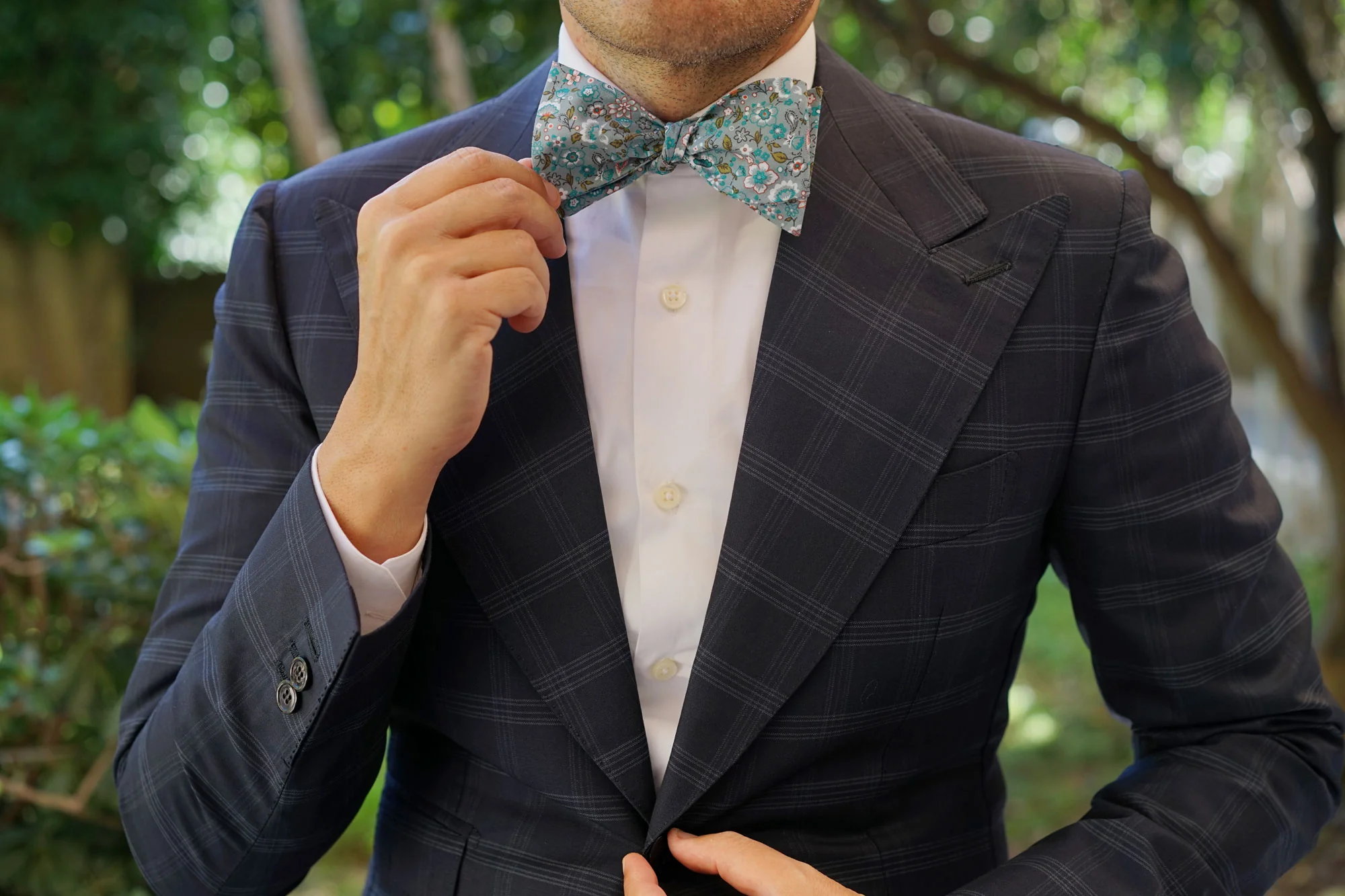 Japanese Sage Green Floral Self Bow Tie - Image 6
