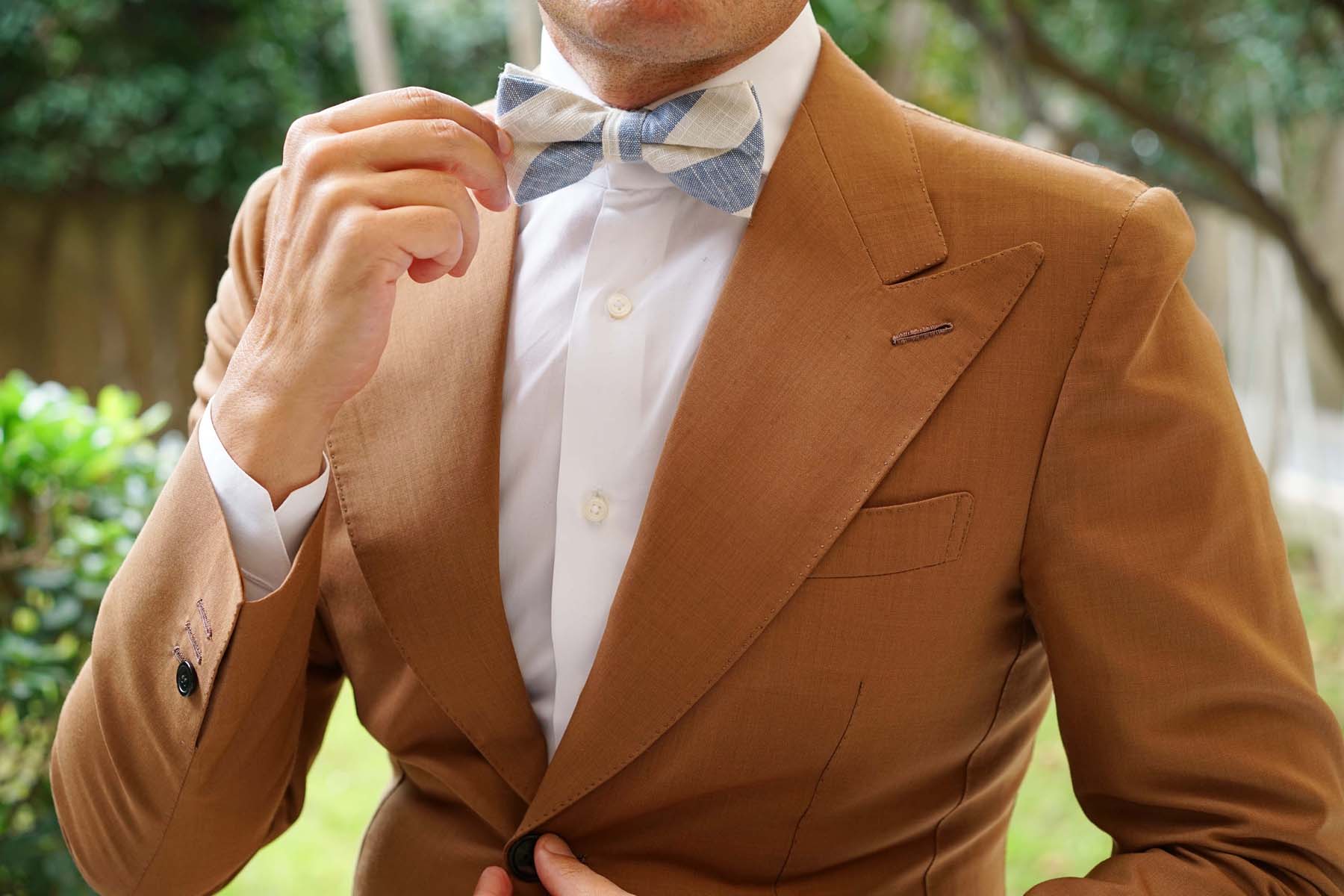 Kara Ada Light Blue Striped Linen Bow Tie - Image 6
