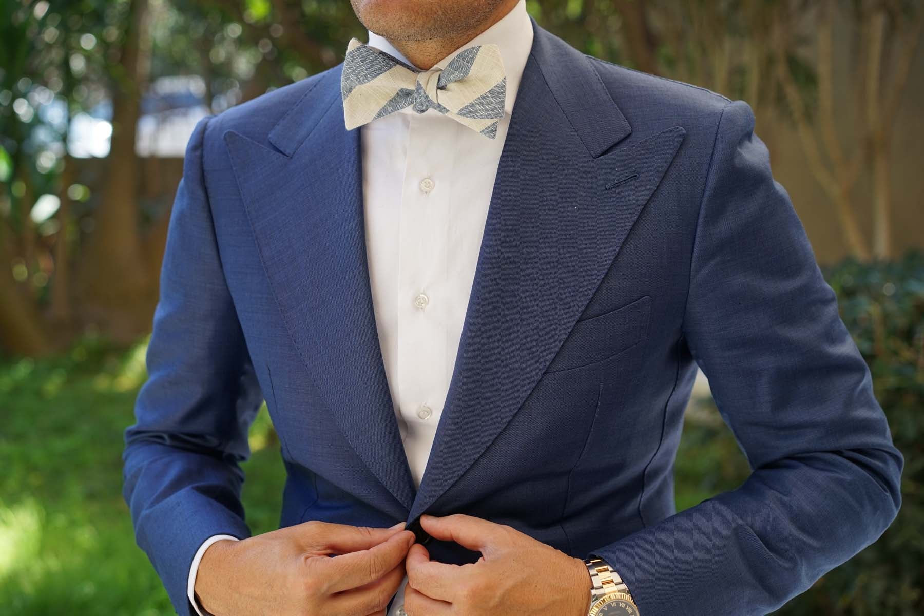 Kara Ada Light Blue Striped Linen Self Bow Tie - Image 4