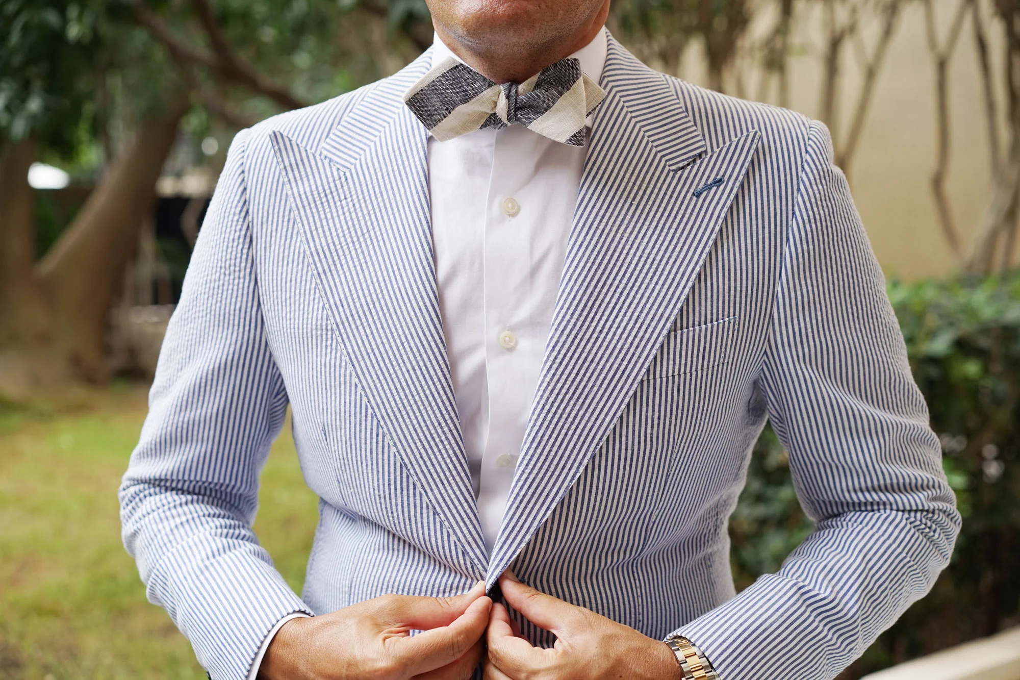 Kekova Blue Striped Linen Diamond Self Bow Tie - Image 4