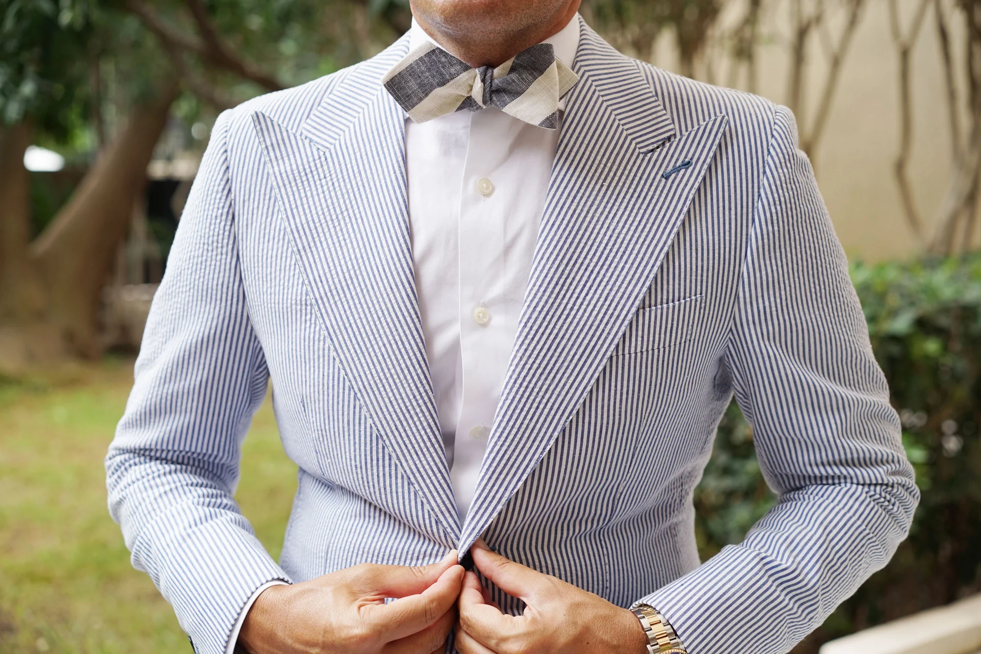 Kekova Blue Striped Linen Diamond Self Bow Tie - Image 6