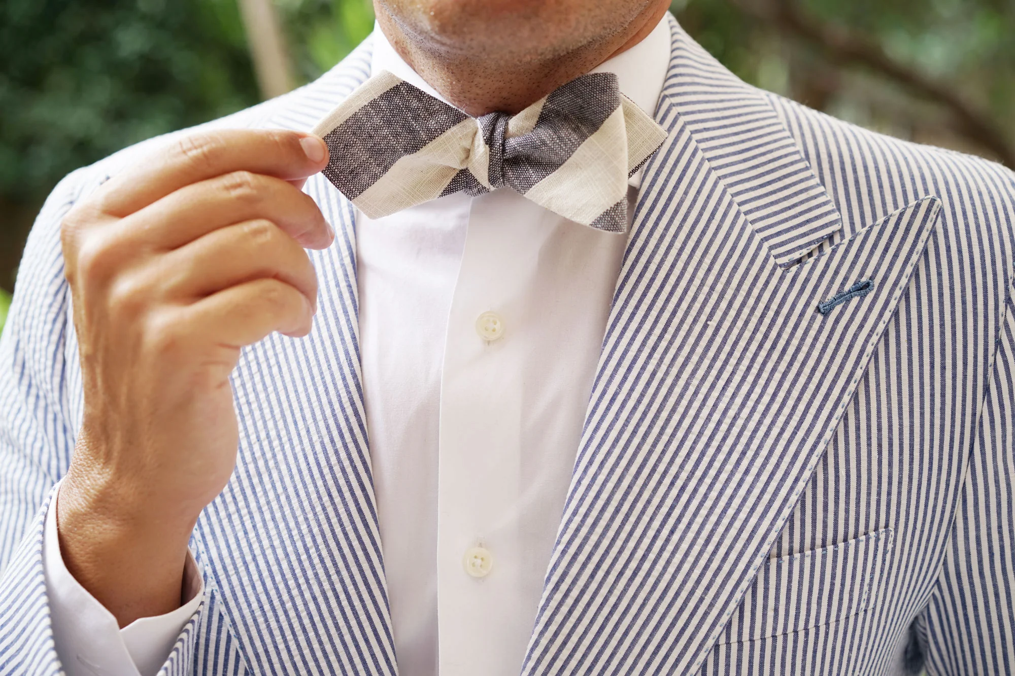 Kekova Blue Striped Linen Diamond Self Bow Tie - Image 8