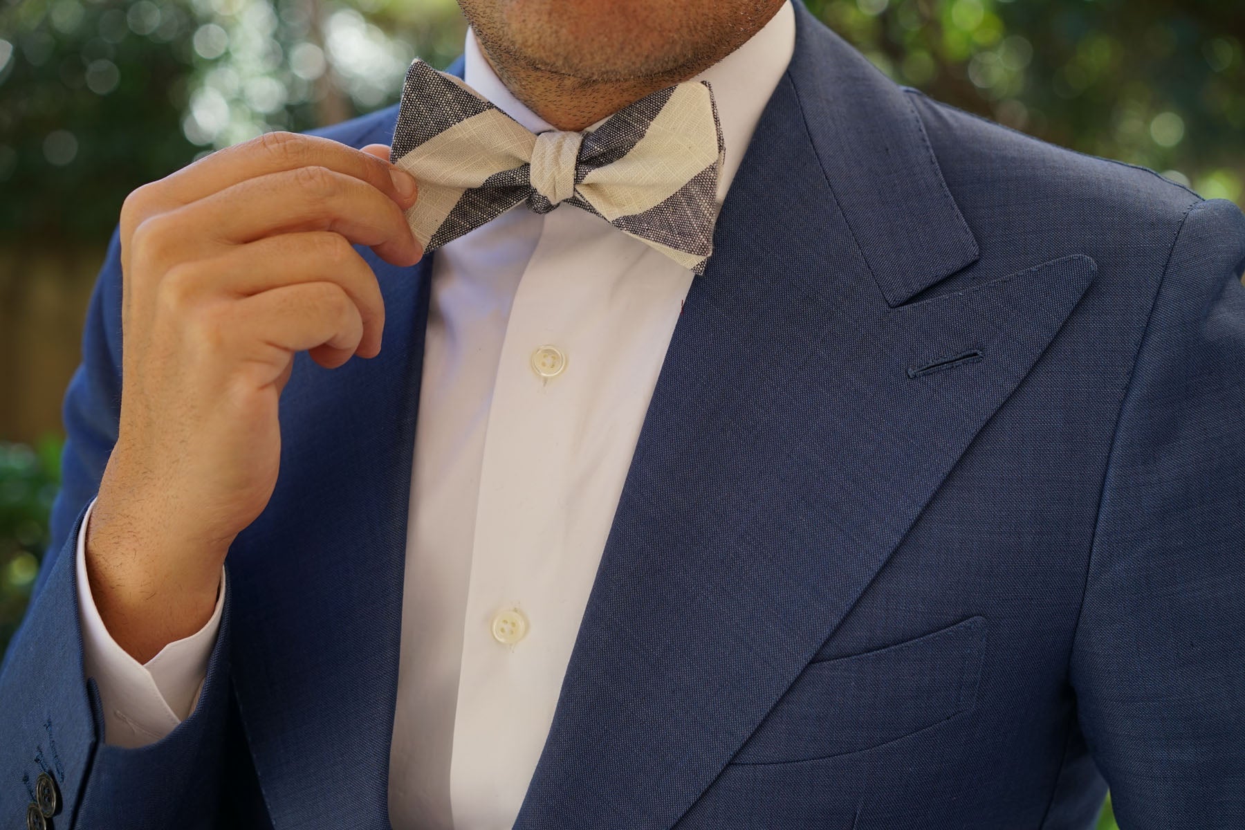 Kekova Blue Striped Linen Self Bow Tie - Image 4