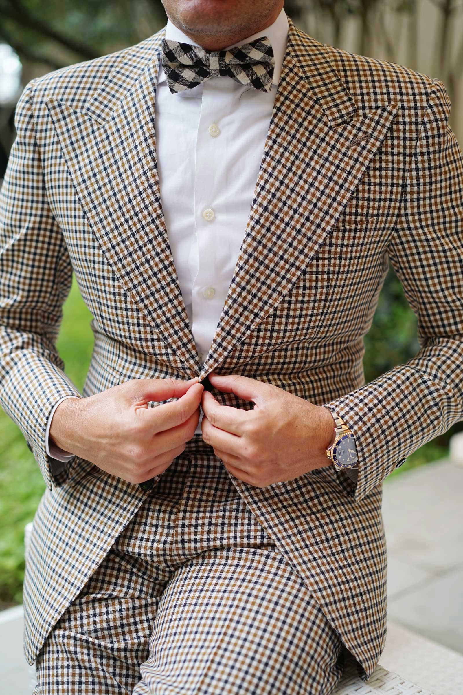 Khaki & Black Gingham Linen Bow Tie - Image 4