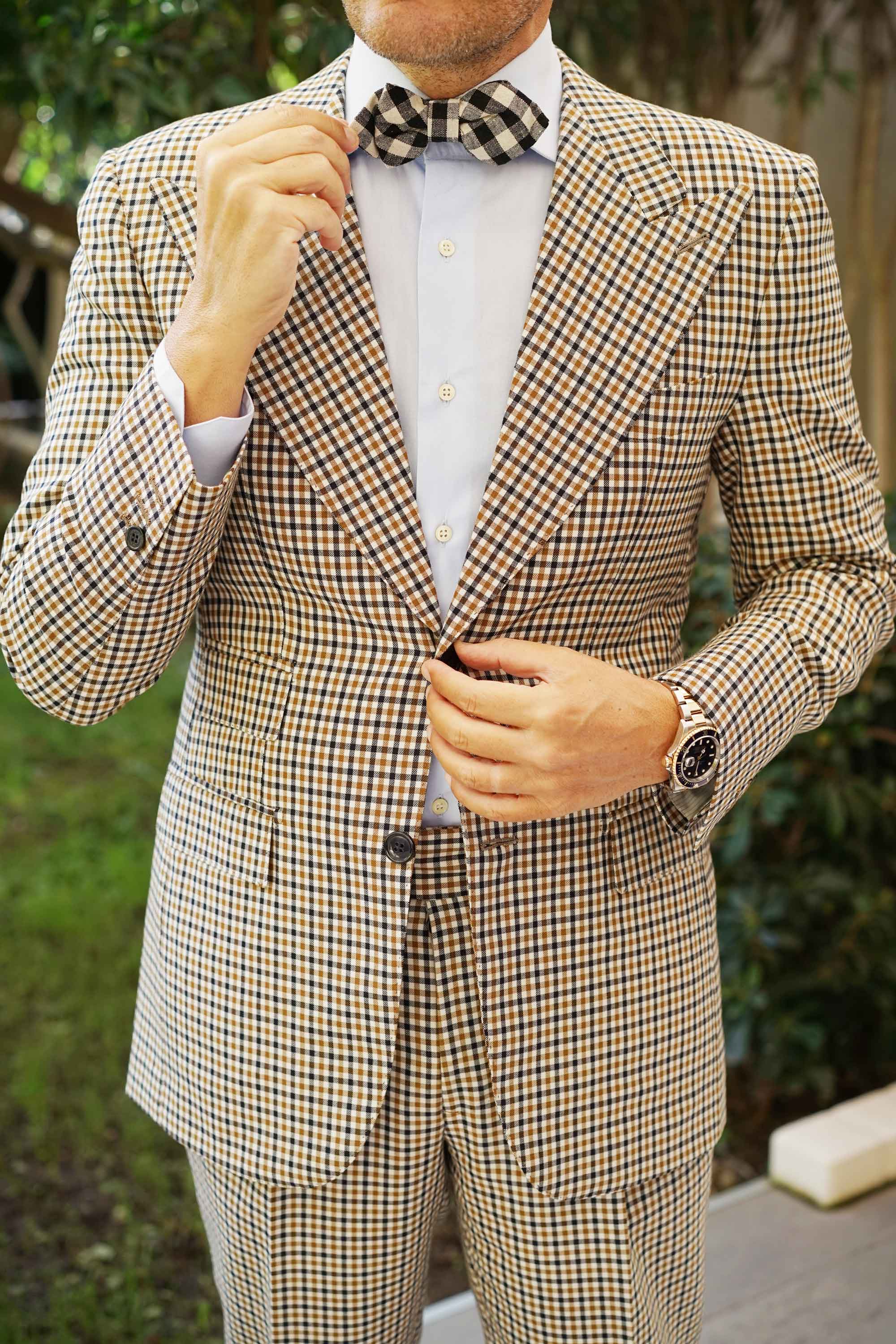 Khaki & Black Gingham Linen Diamond Bow Tie - Image 4