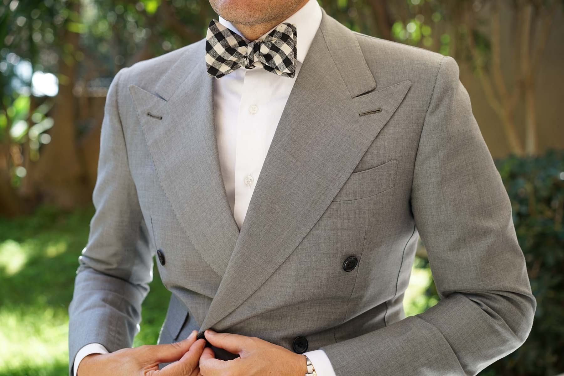 Khaki & Black Gingham Linen Self Bow Tie - Image 4