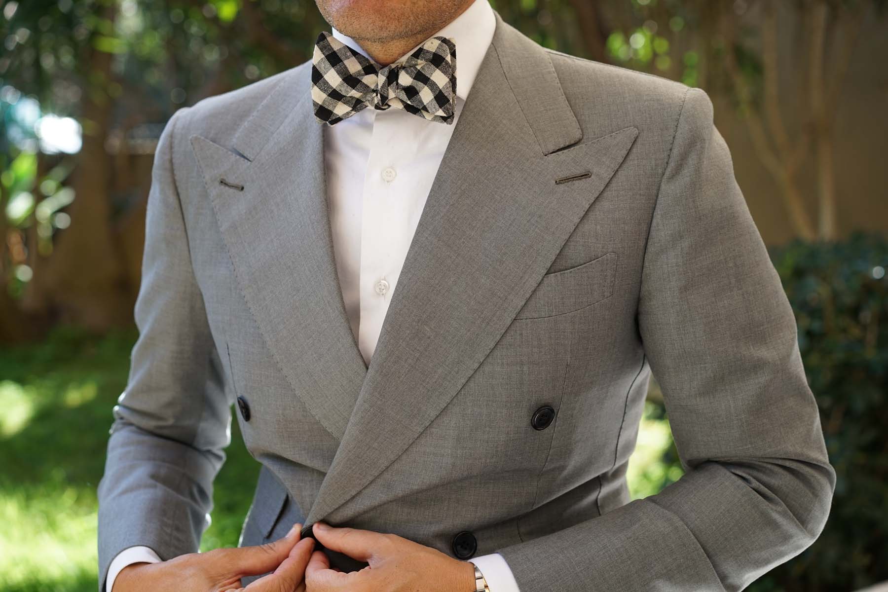 Khaki & Black Gingham Linen Self Bow Tie - Image 9