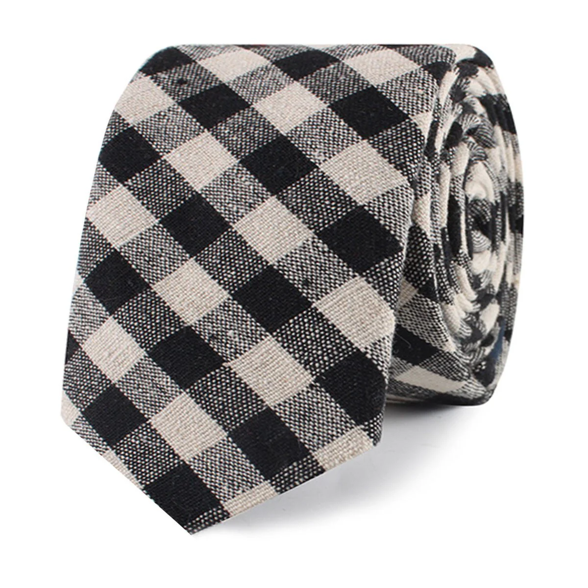 Khaki & Black Gingham Linen Skinny Tie - Image 2