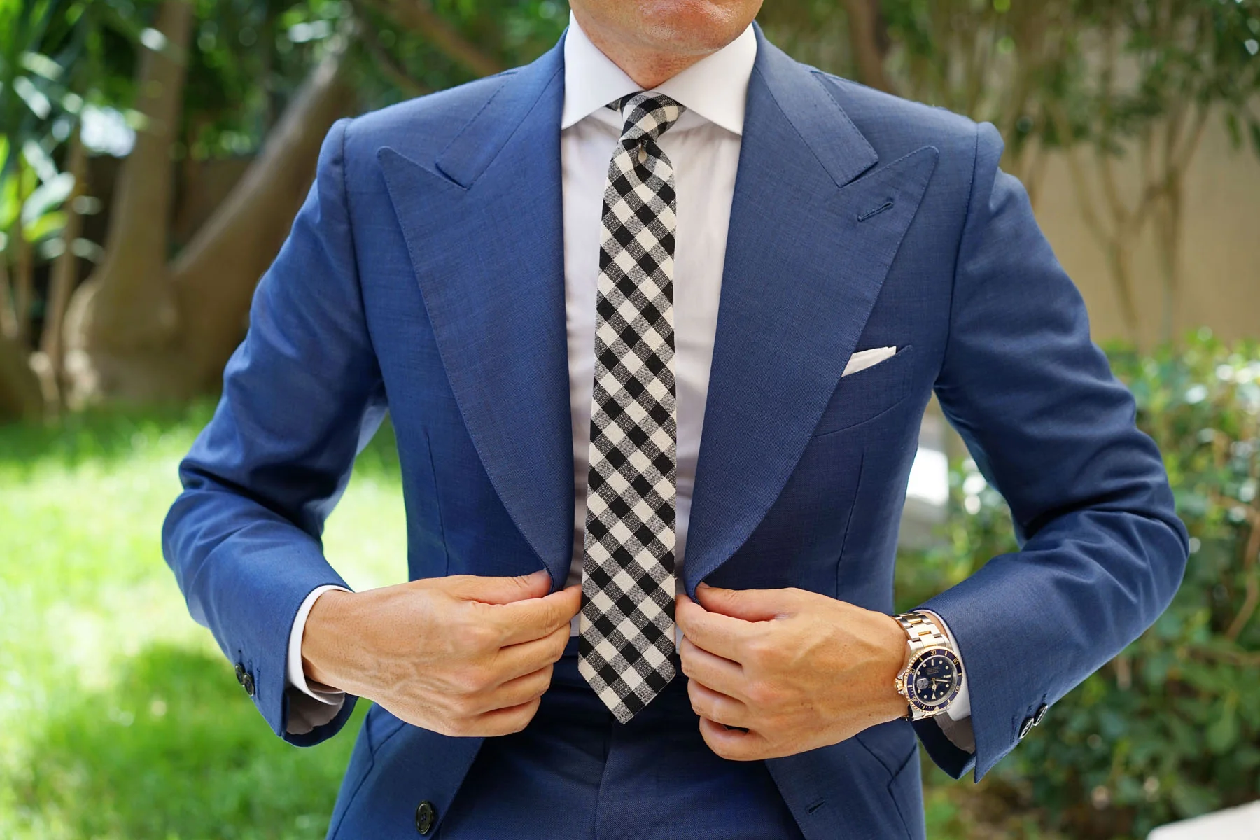 Khaki & Black Gingham Linen Skinny Tie - Image 4