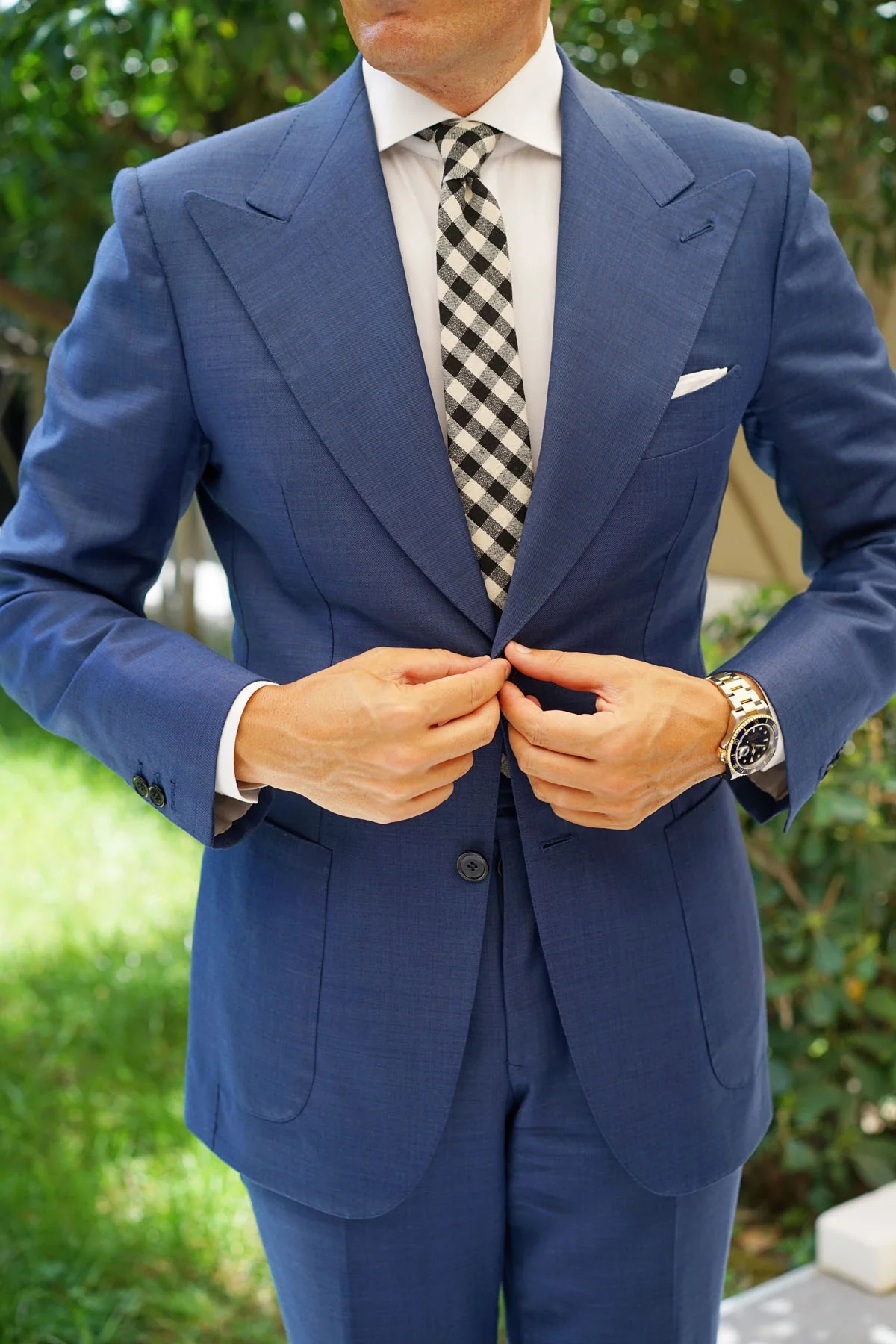 Khaki & Black Gingham Linen Skinny Tie - Image 5
