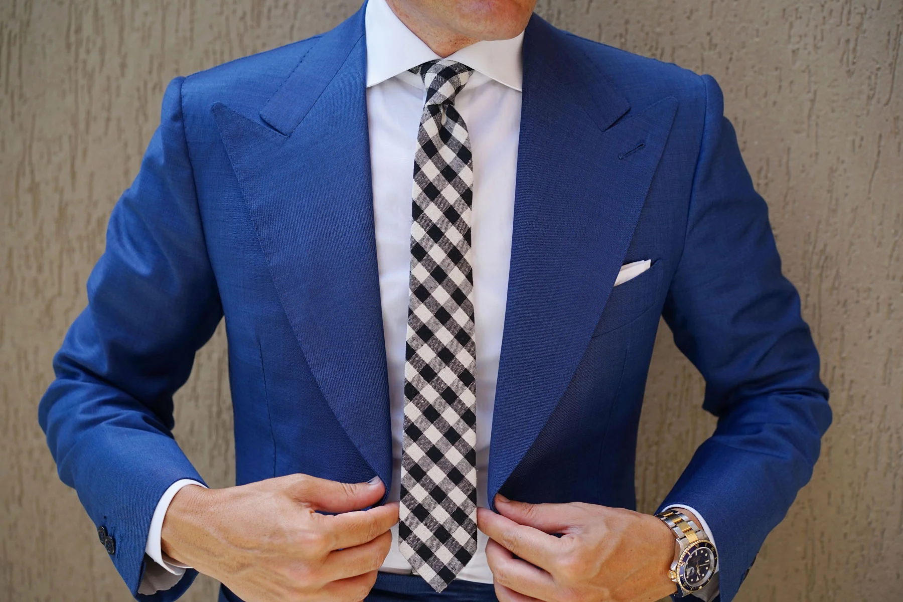 Khaki & Black Gingham Linen Skinny Tie - Image 6