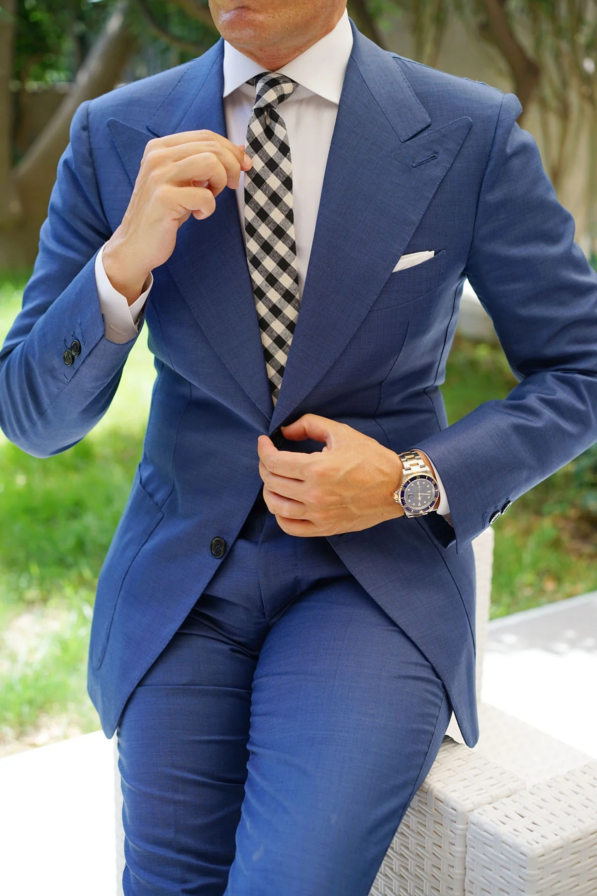 Khaki & Black Gingham Linen Skinny Tie - Image 7