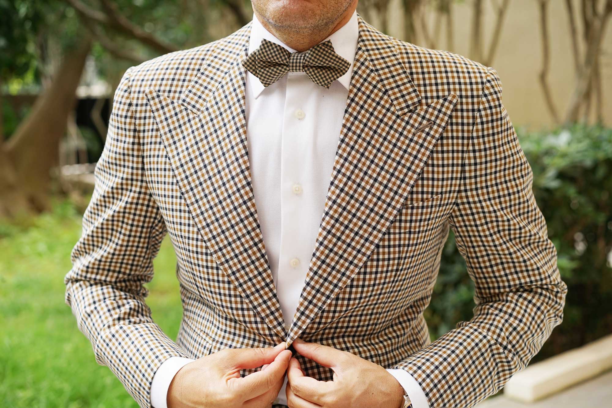 Khaki Green Gingham Blend Diamond Bow Tie - Image 3