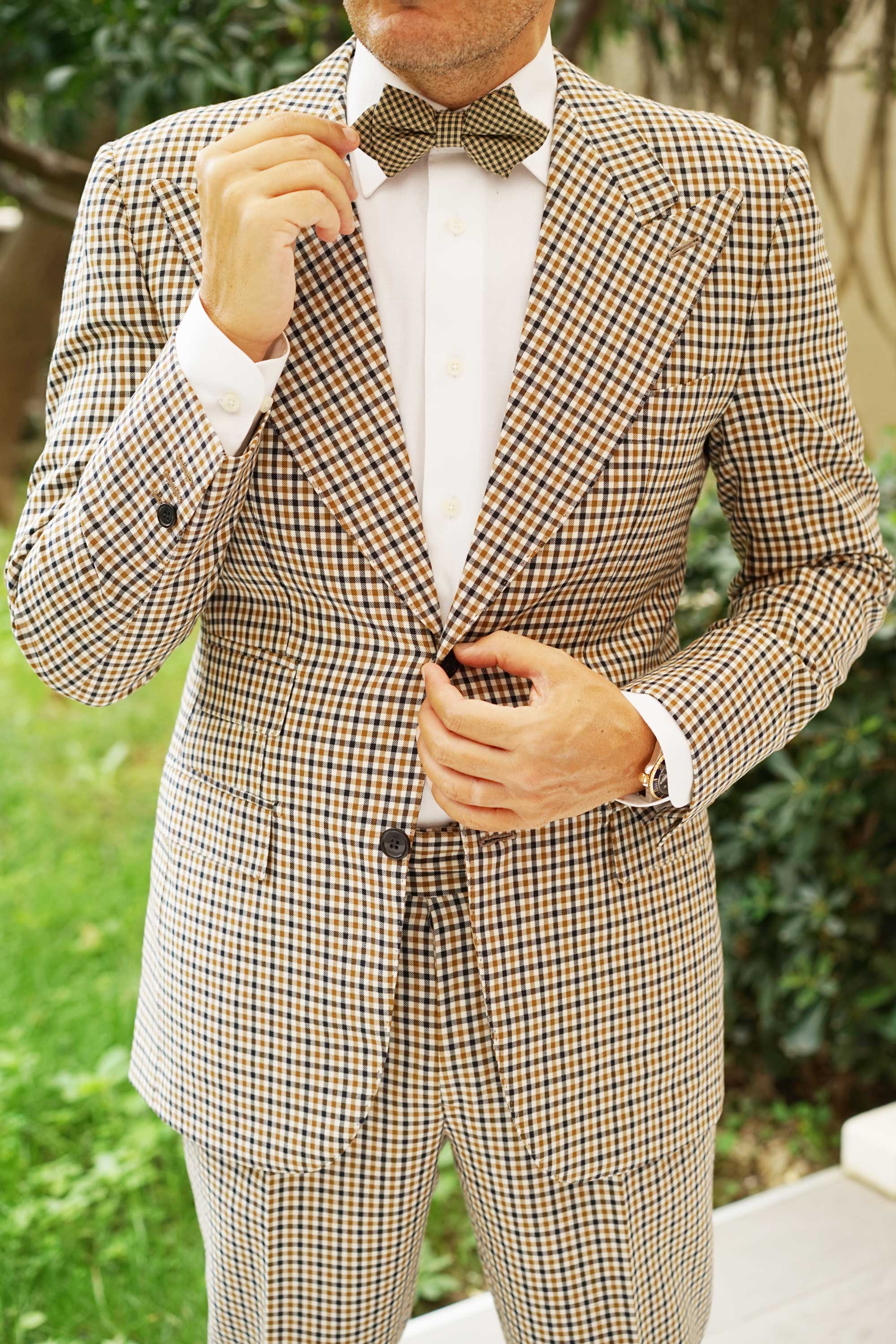 Khaki Green Gingham Blend Diamond Bow Tie - Image 4