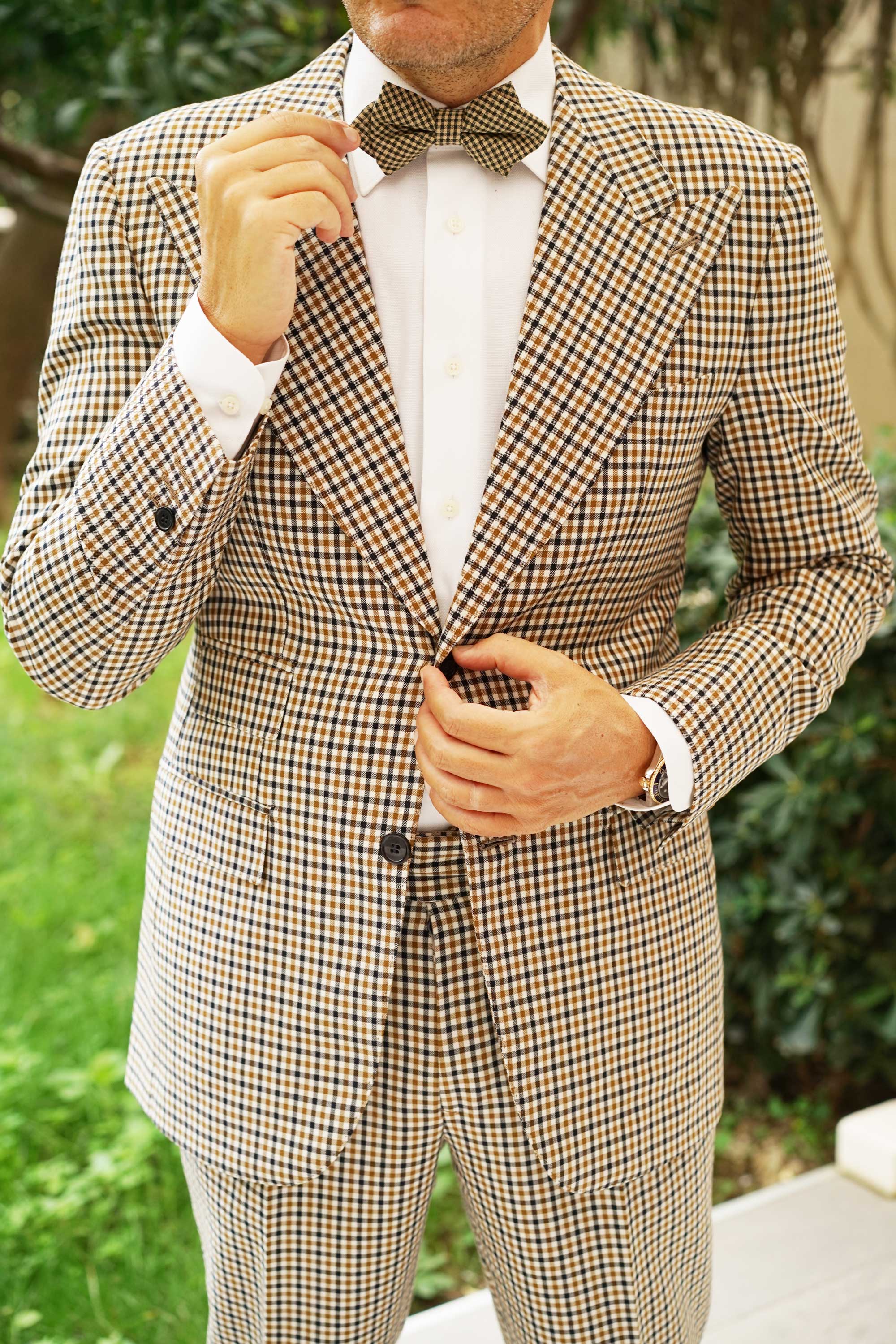 Khaki Green Gingham Blend Diamond Bow Tie - Image 5