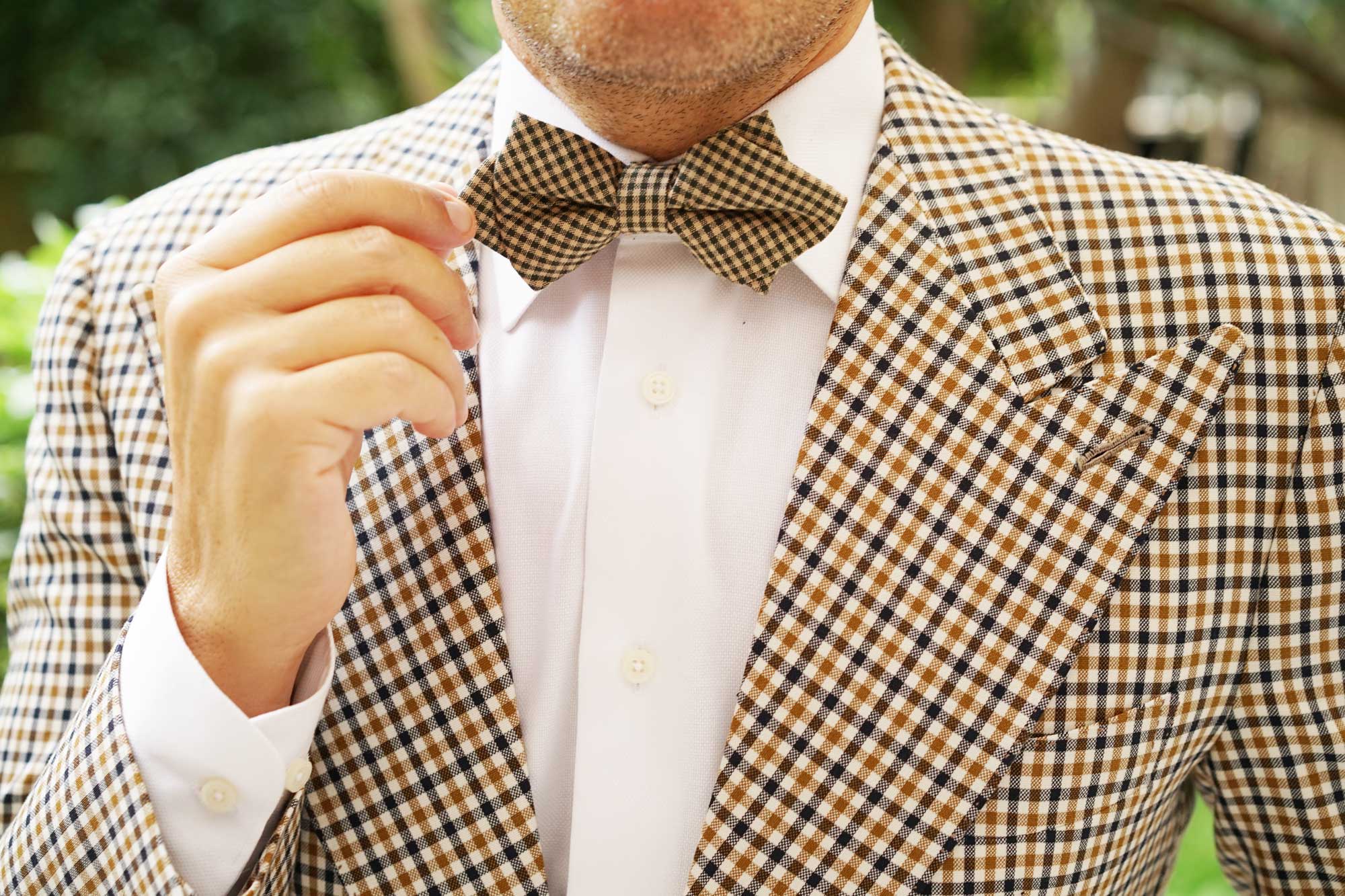 Khaki Green Gingham Blend Diamond Bow Tie - Image 7