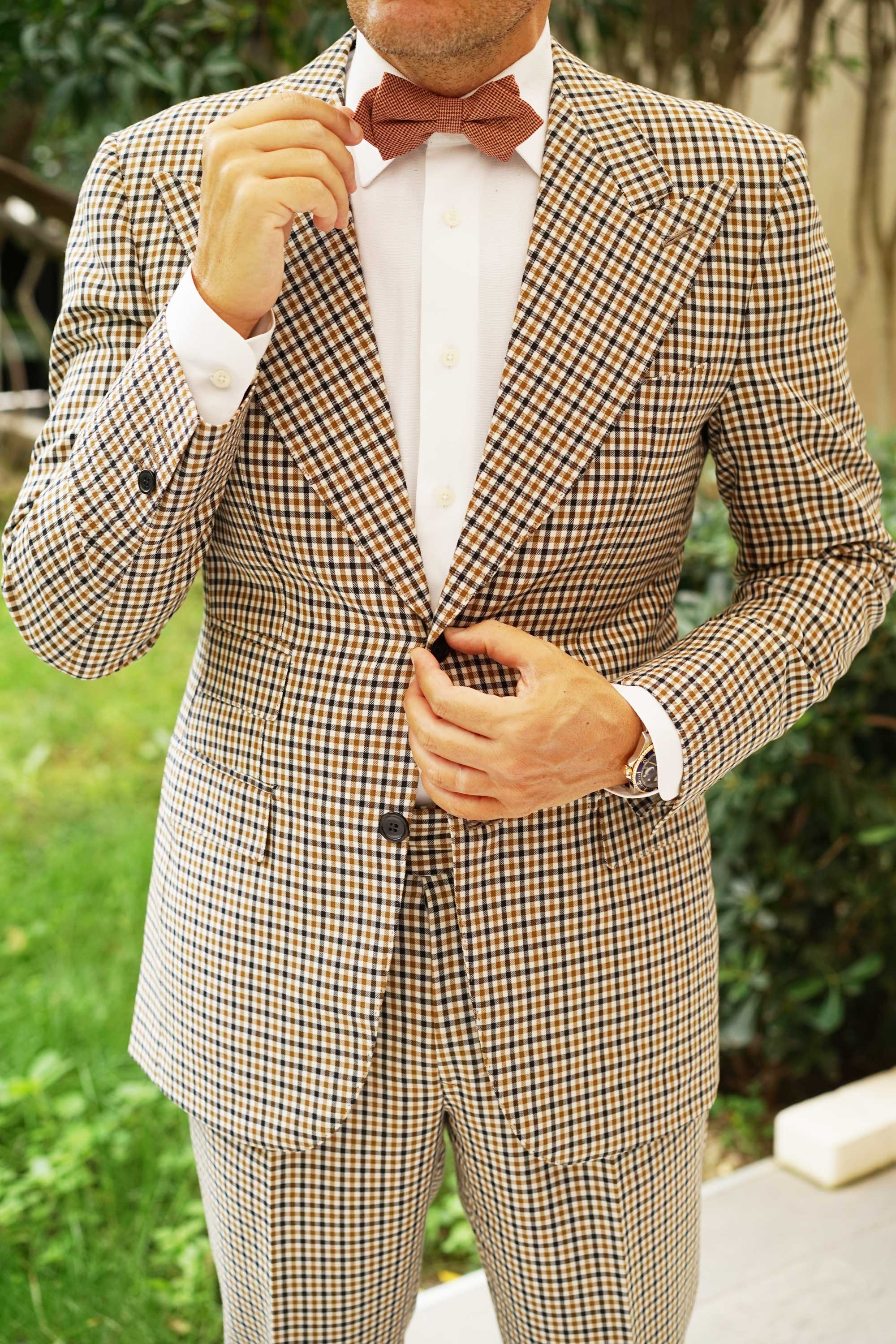 Khaki Red Houndstooth Blend Diamond Bow Tie - Image 4