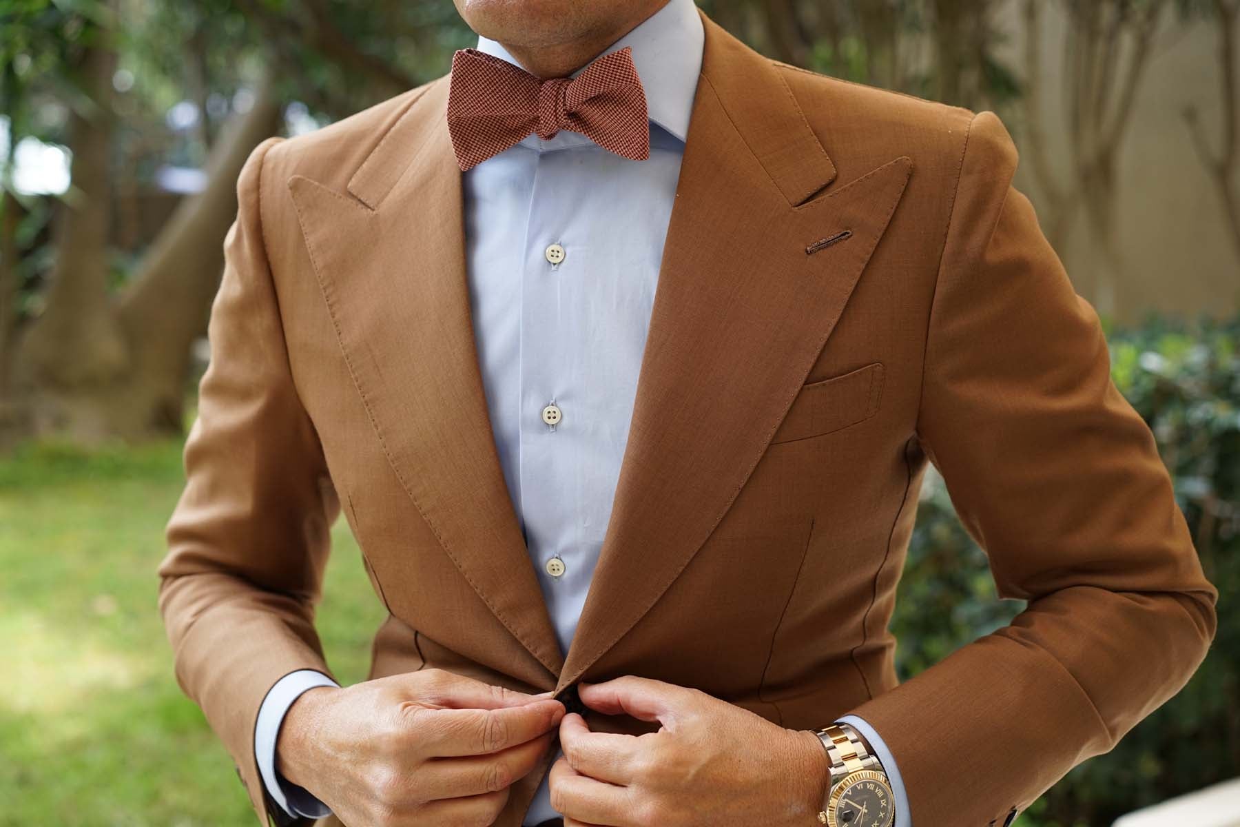 Khaki Red Houndstooth Blend Self Bow Tie - Image 4