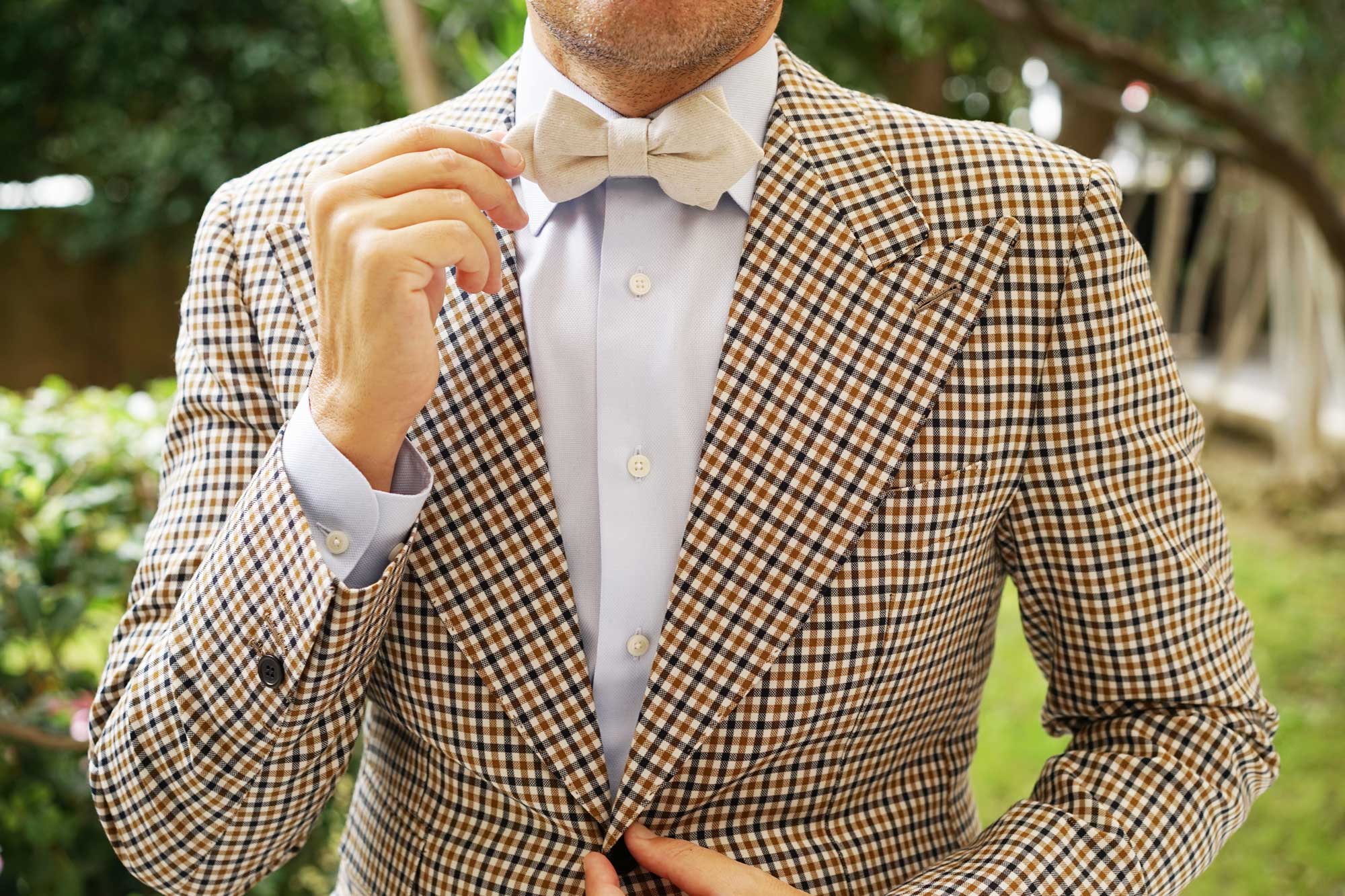 Khaki Twill Stripe Linen Diamond Bow Tie - Image 4
