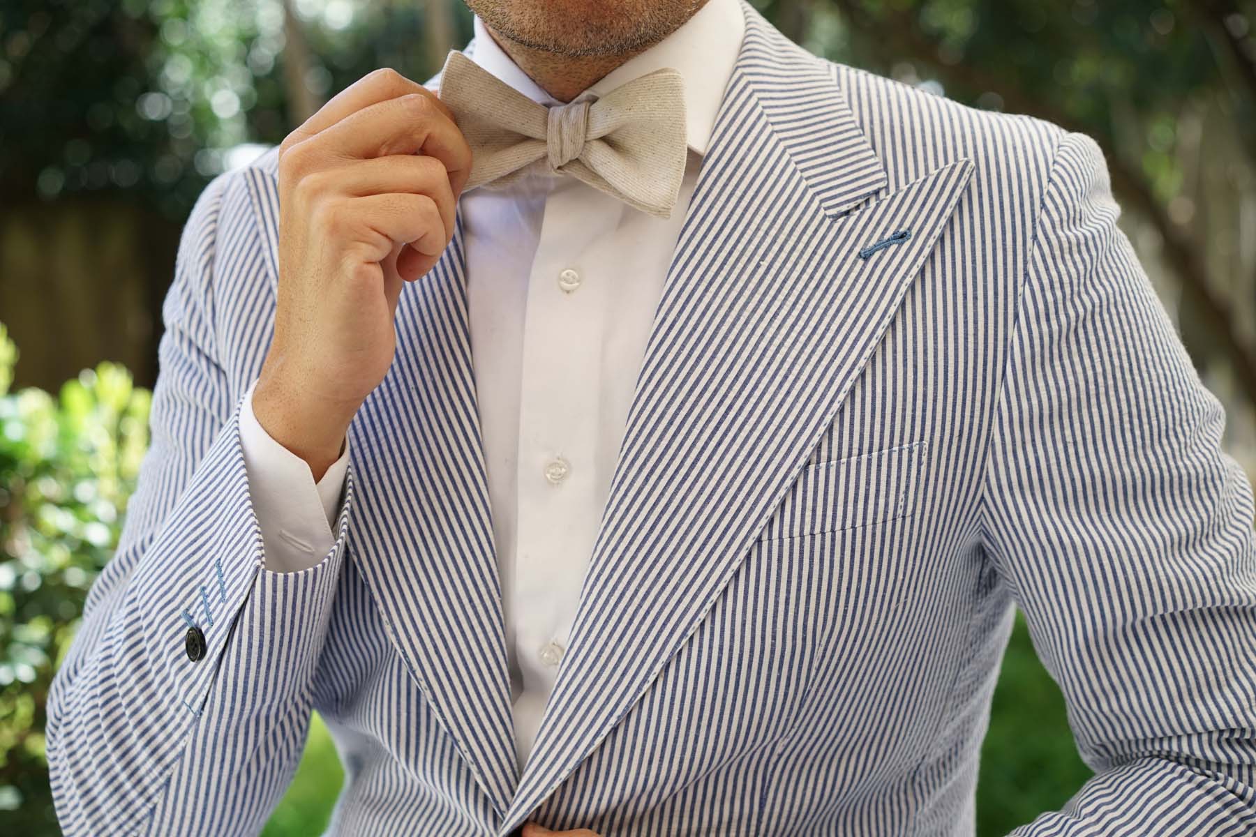 Khaki Twill Stripe Linen Self Tie Bow Tie - Image 10