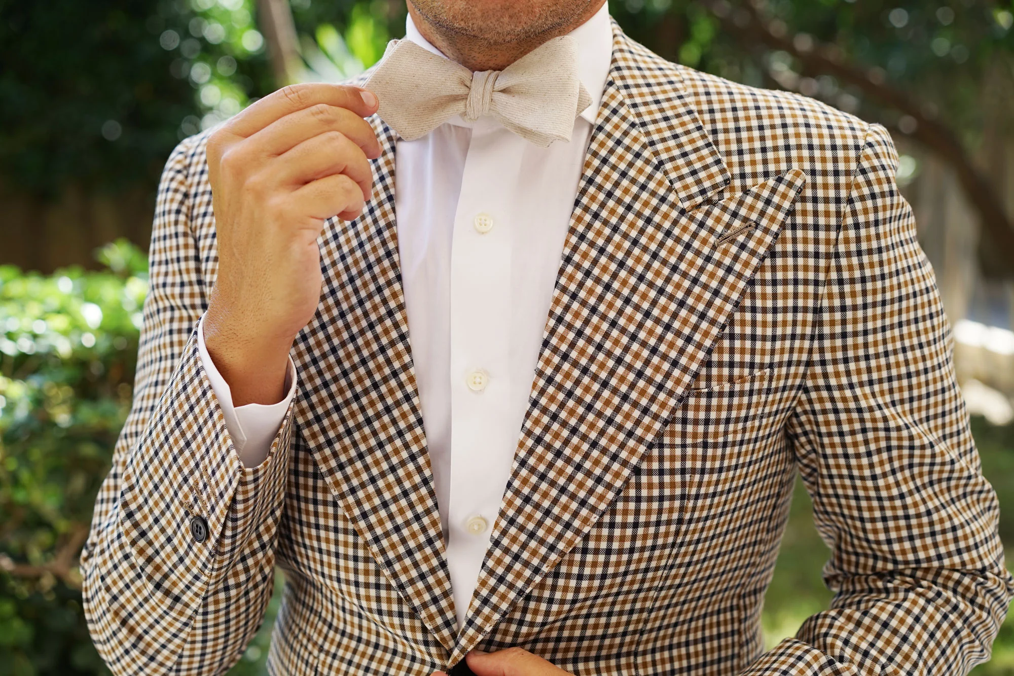Khaki Twill Stripe Linen Self Tie Diamond Tip Bow Tie - Image 8