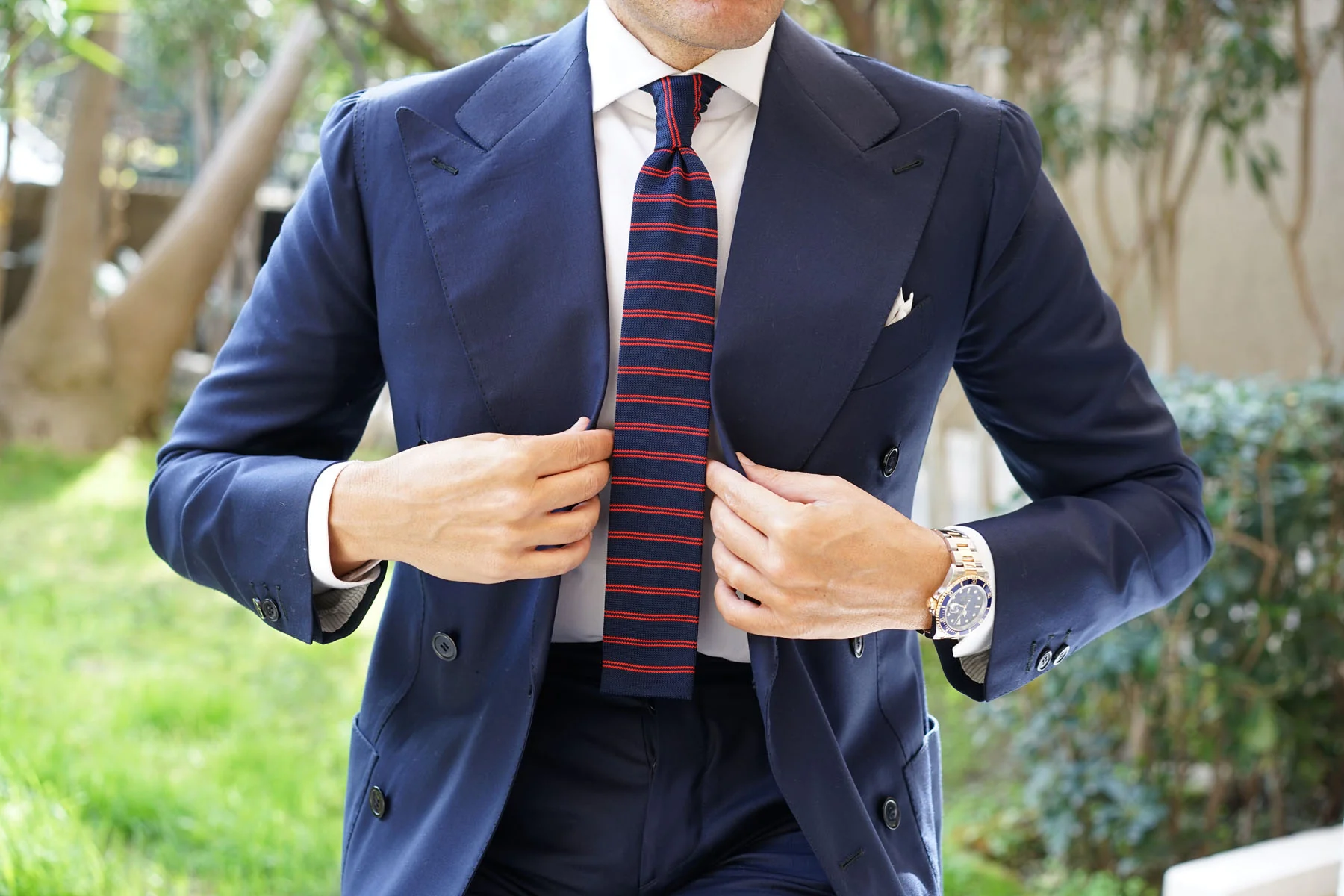 Lester Navy Blue with Red Striped Knitted Tie - Image 8