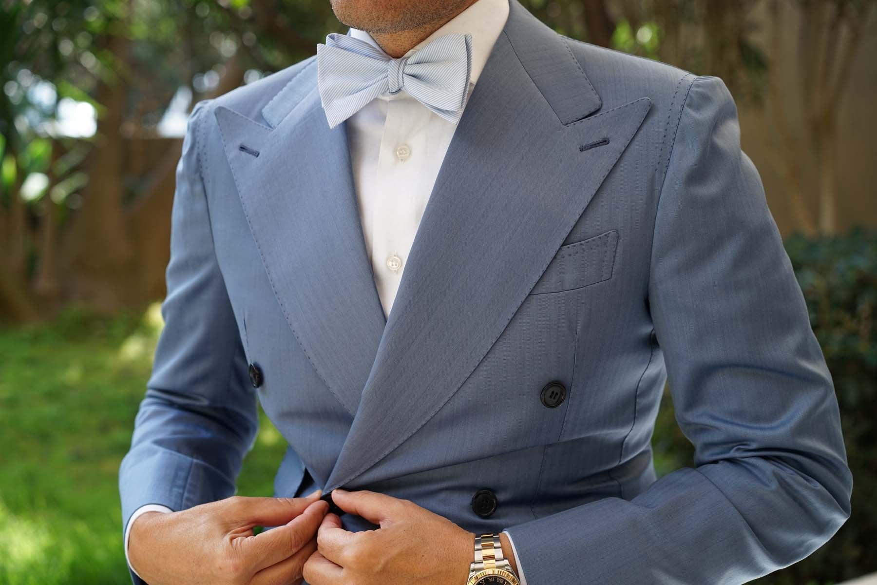 Light Blue and White Pinstripes Cotton Self Tie Bow Tie - Image 6