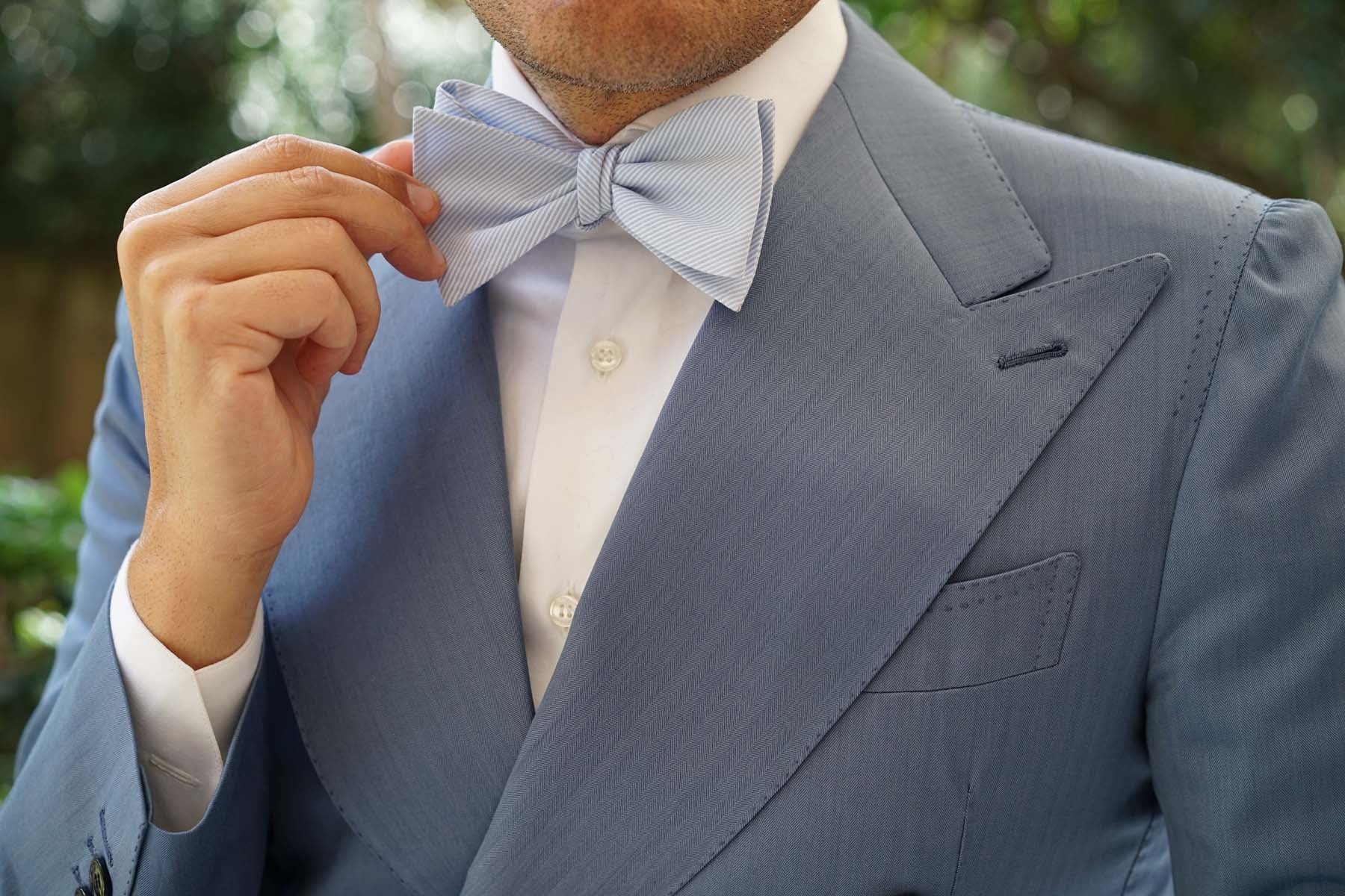 Light Blue and White Pinstripes Cotton Self Tie Bow Tie - Image 8