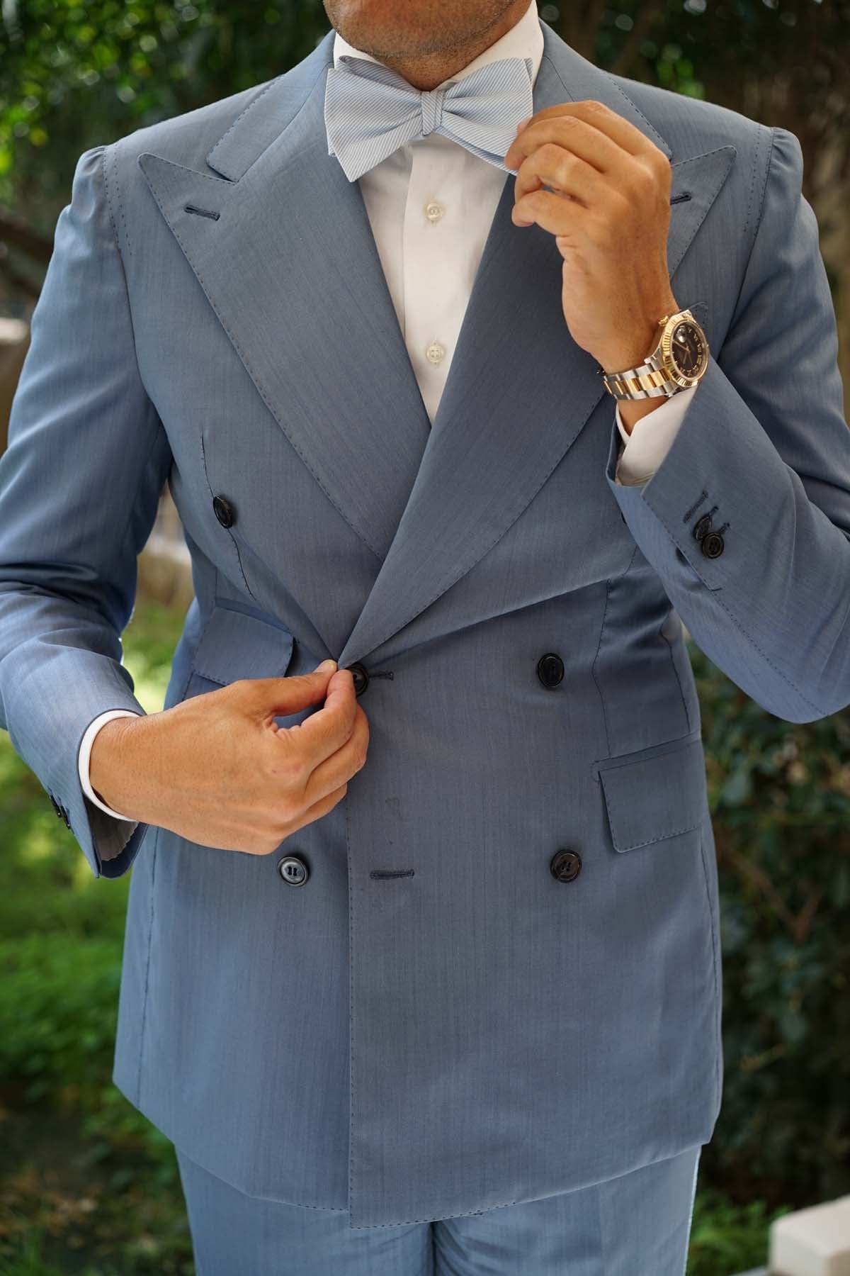 Light Blue and White Pinstripes Cotton Self Tie Bow Tie - Image 9