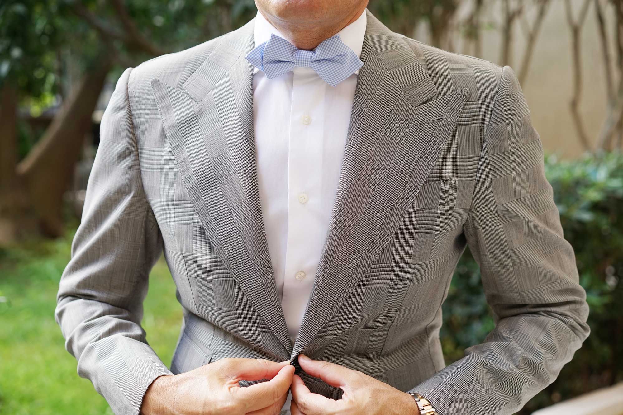Light Blue Gingham Cotton Diamond Bow Tie - Image 3