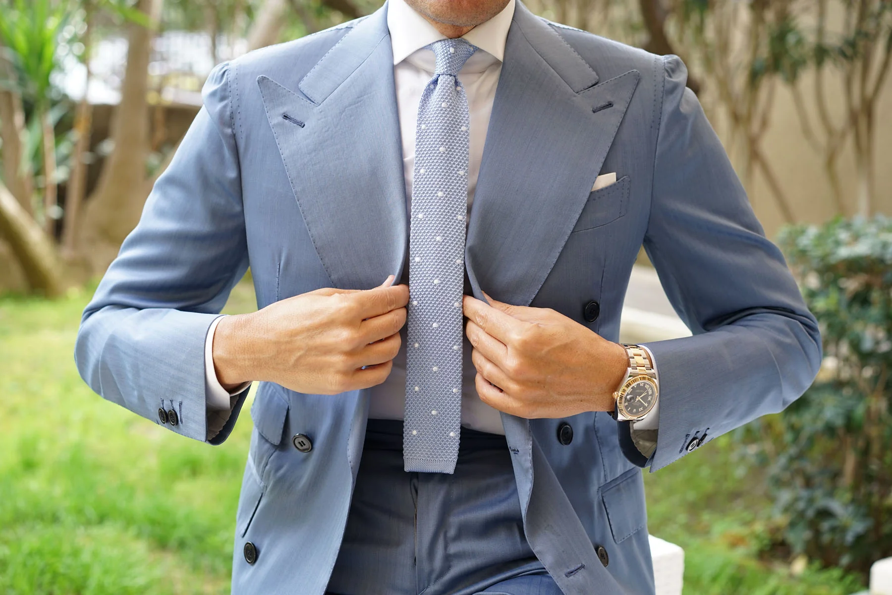 Light Blue Knitted Tie with White Polka Dots - Image 3