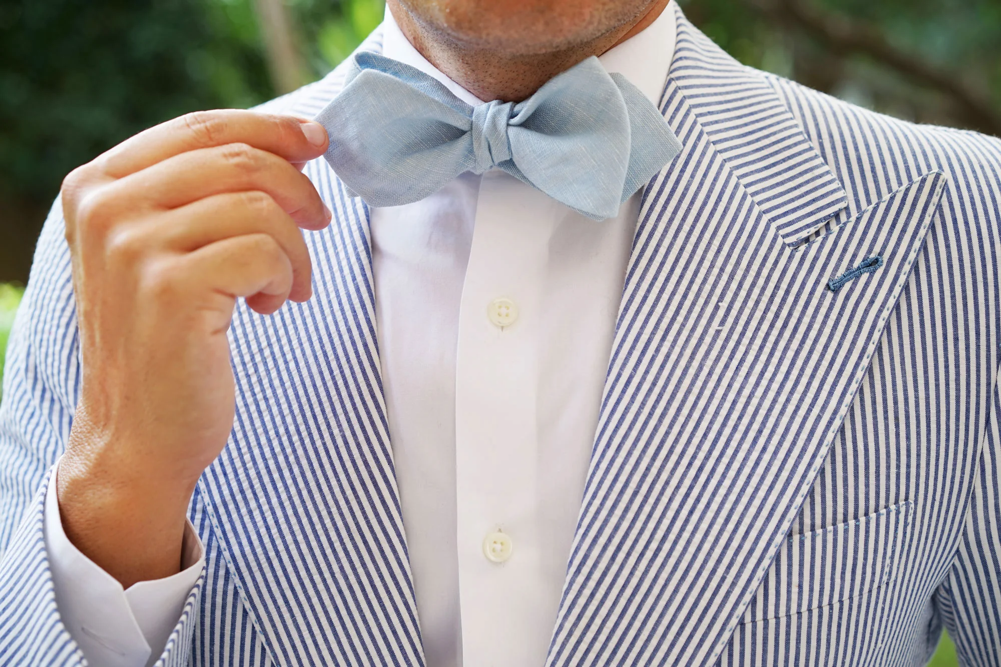 Light Blue Linen Chambray Self Tie Diamond Bow Tie - Image 9