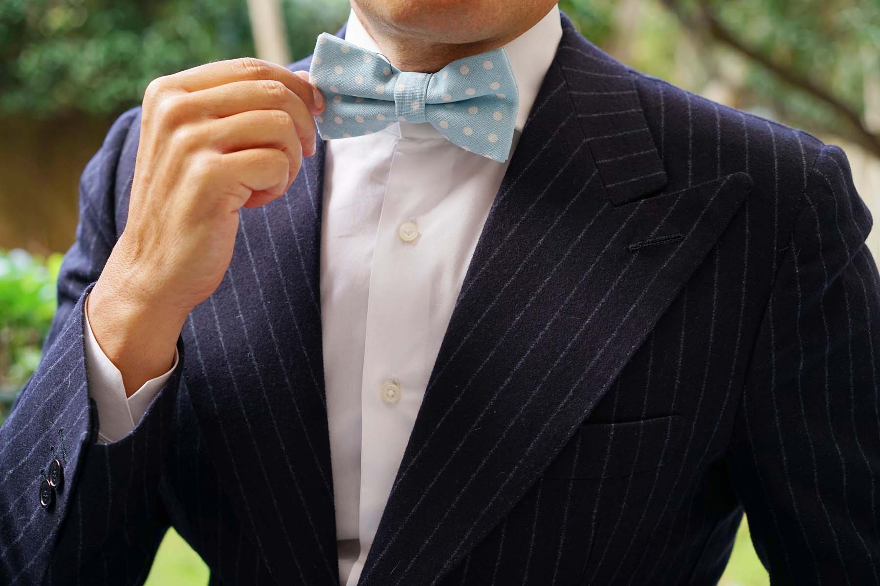 Light Blue Linen Polka Dot Bow Tie - Image 6