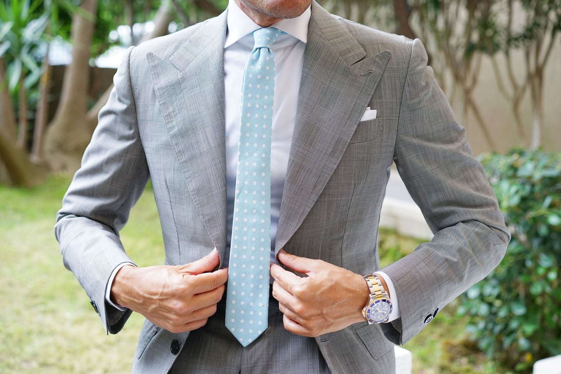 Light Blue Linen Polka Dot Skinny Tie - Image 6