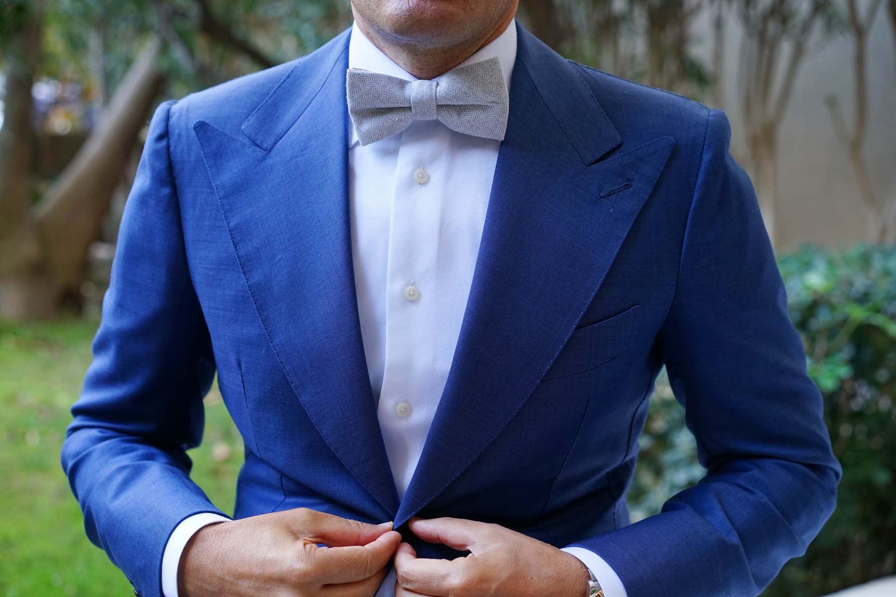 Light Grey Herringbone Linen Bow Tie - Image 5