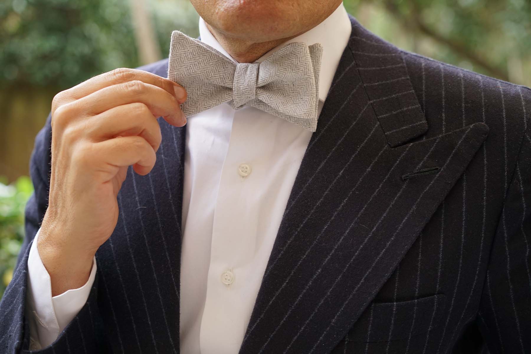 Light Grey Herringbone Linen Self Tie Bow Tie - Image 9