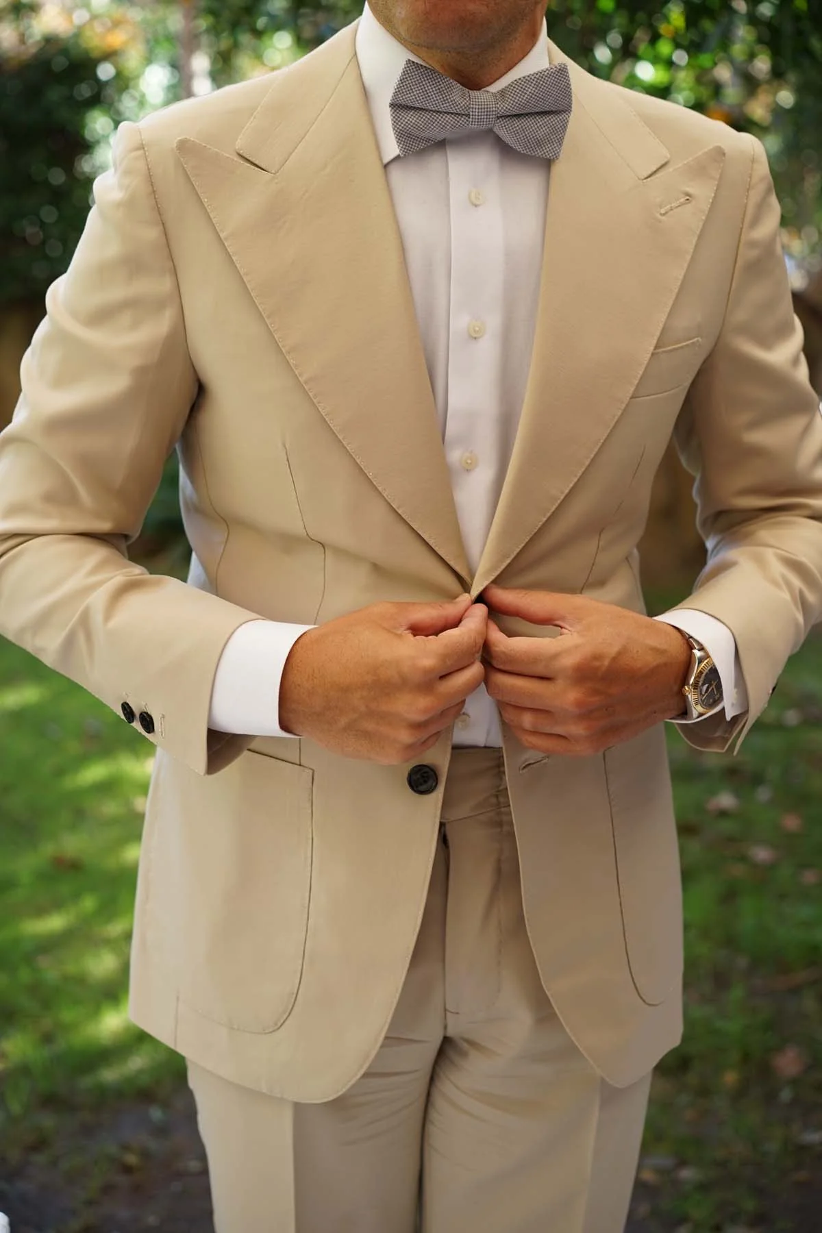 Light Grey Houndstooth Linen Bow Tie - Image 4